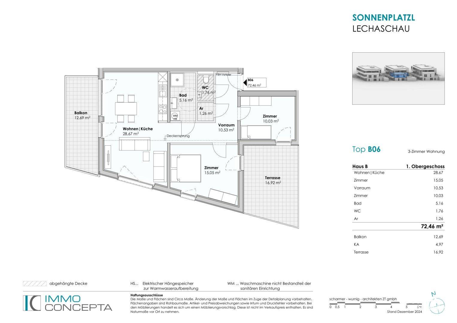 Grundriss der 3-Zimmer-Wohnung Top B06 im Obergeschoss mit Balkon und Terrasse.