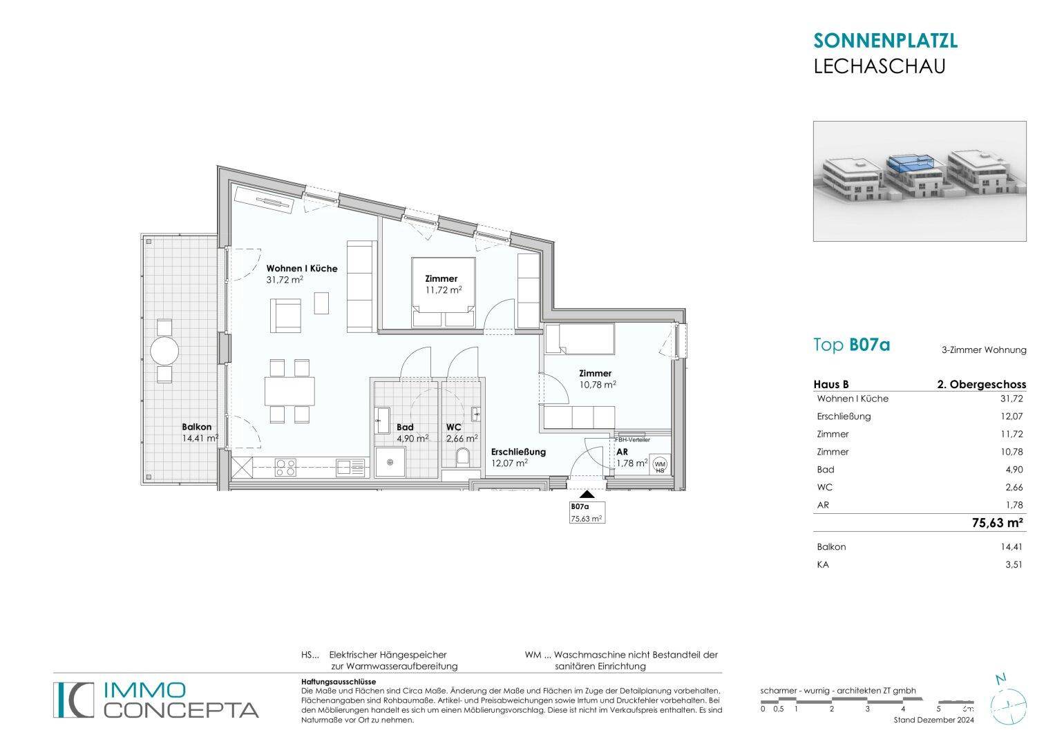 Grundriss der 3-Zimmer-Wohnung Top B07a im 2. Obergeschoss mit Balkon und offenem Wohnbereich.