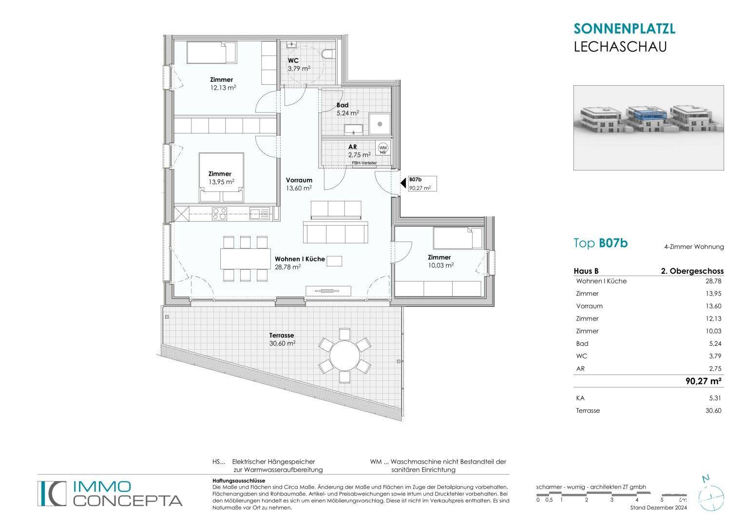 Grundriss der 4-Zimmer-Wohnung Top B07b im 2. Obergeschoss mit großer Terrasse und offenem Wohnbereich.