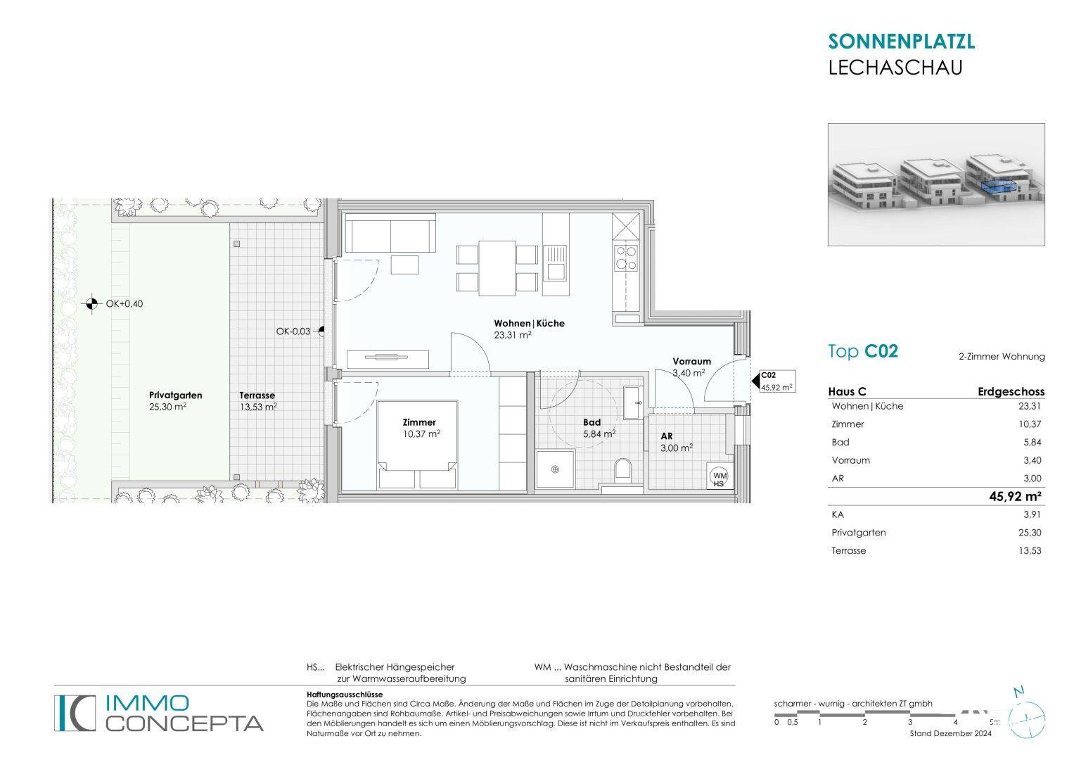 Grundriss der 2-Zimmer-Wohnung Top C02 im Erdgeschoss mit Terrasse und Privatgarten.