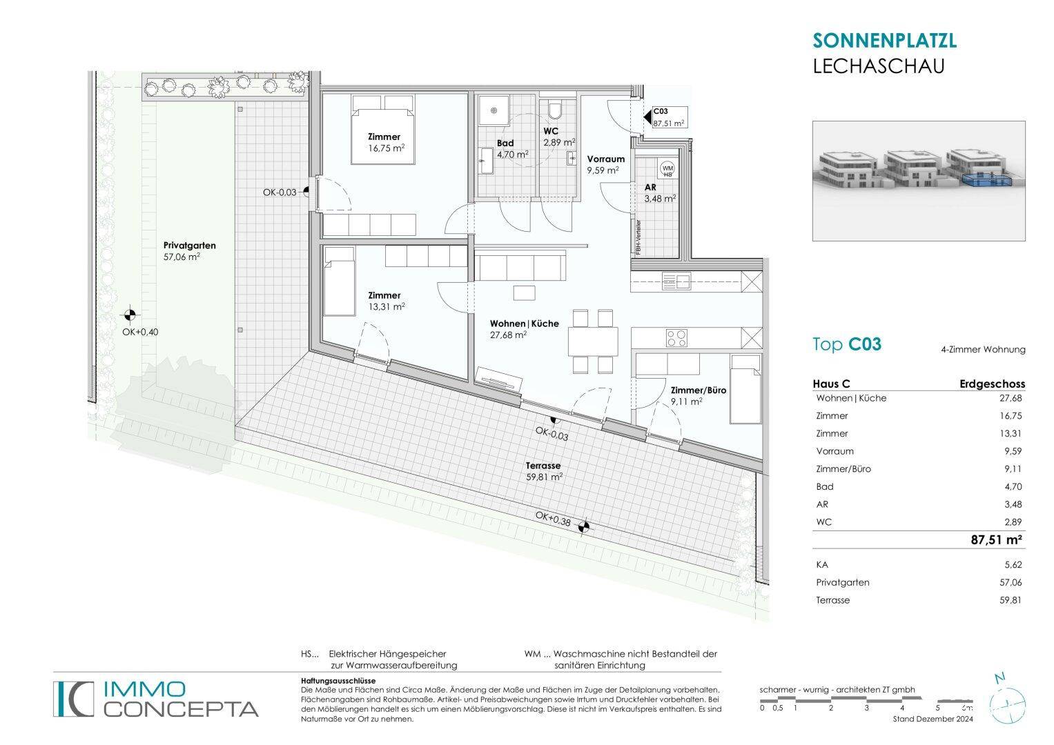 Grundriss der 4-Zimmer-Wohnung Top C03 im Erdgeschoss mit großer Terrasse und Privatgarten.