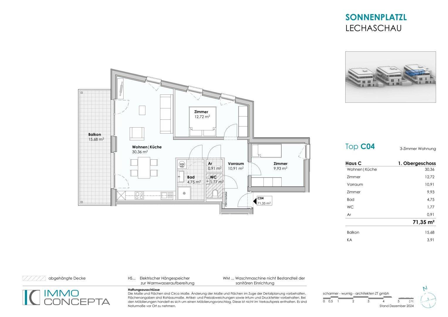 Grundriss der 3-Zimmer-Wohnung Top C04 im Obergeschoss mit Balkon und offenem Wohnbereich.