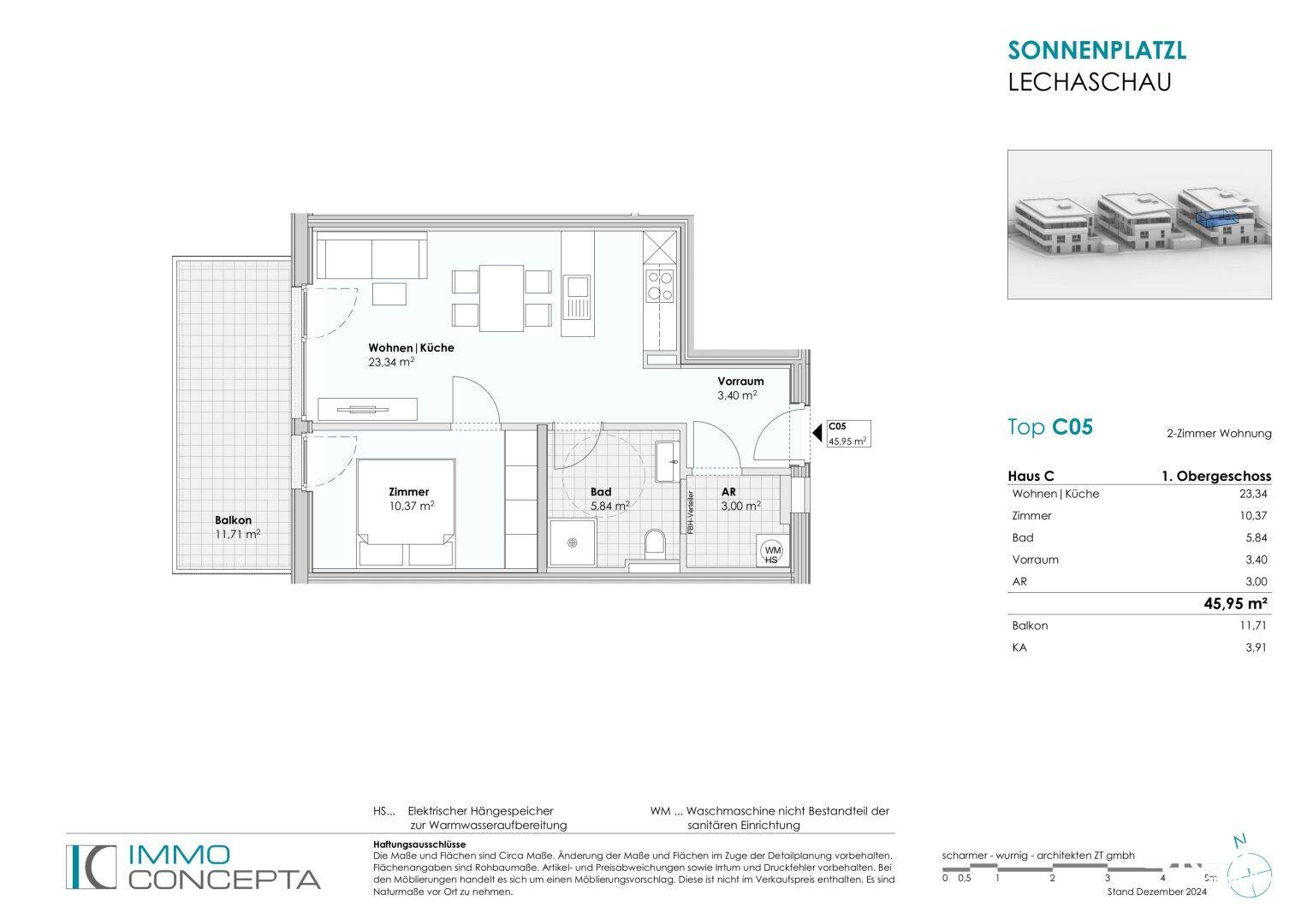 Grundriss der 2-Zimmer-Wohnung Top C05 im Obergeschoss mit Balkon und offenem Wohnbereich.