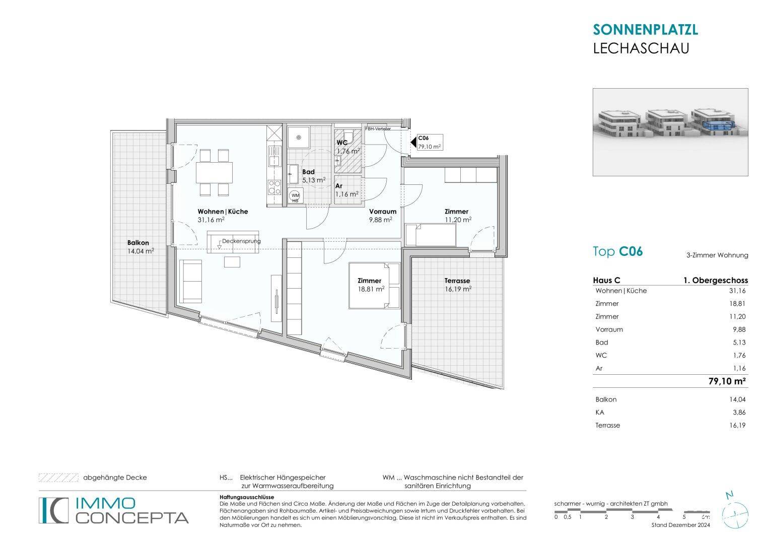 Grundriss der 3-Zimmer-Wohnung Top C06 im Obergeschoss mit Balkon und Terrasse.