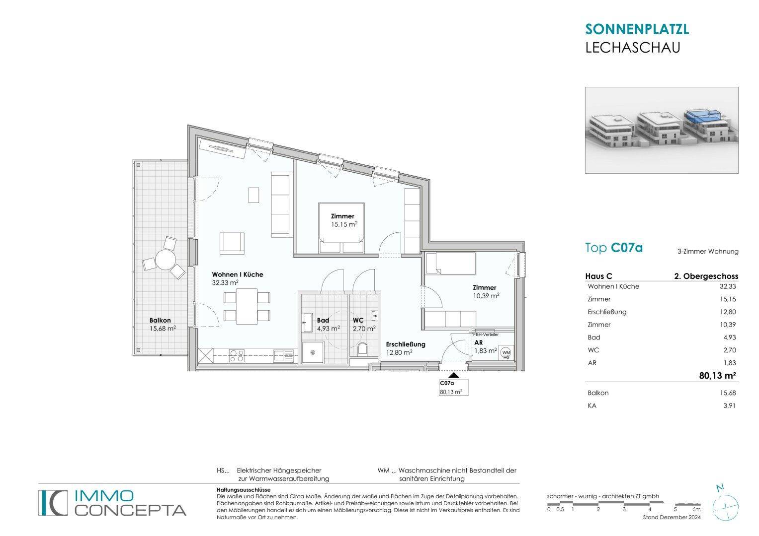 Grundriss der 3-Zimmer-Wohnung Top C07a im 2. Obergeschoss mit Balkon und offenem Wohnbereich.