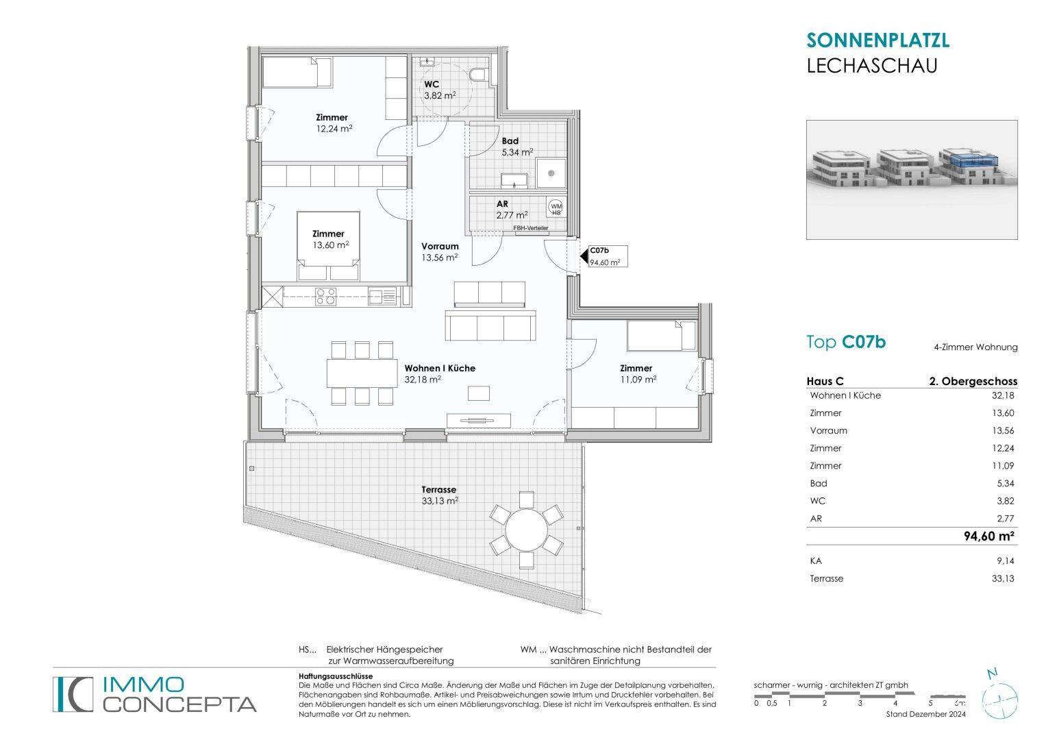 Grundriss der 4-Zimmer-Wohnung Top C07b im 2. Obergeschoss mit großer Terrasse und offenem Wohnbereich.