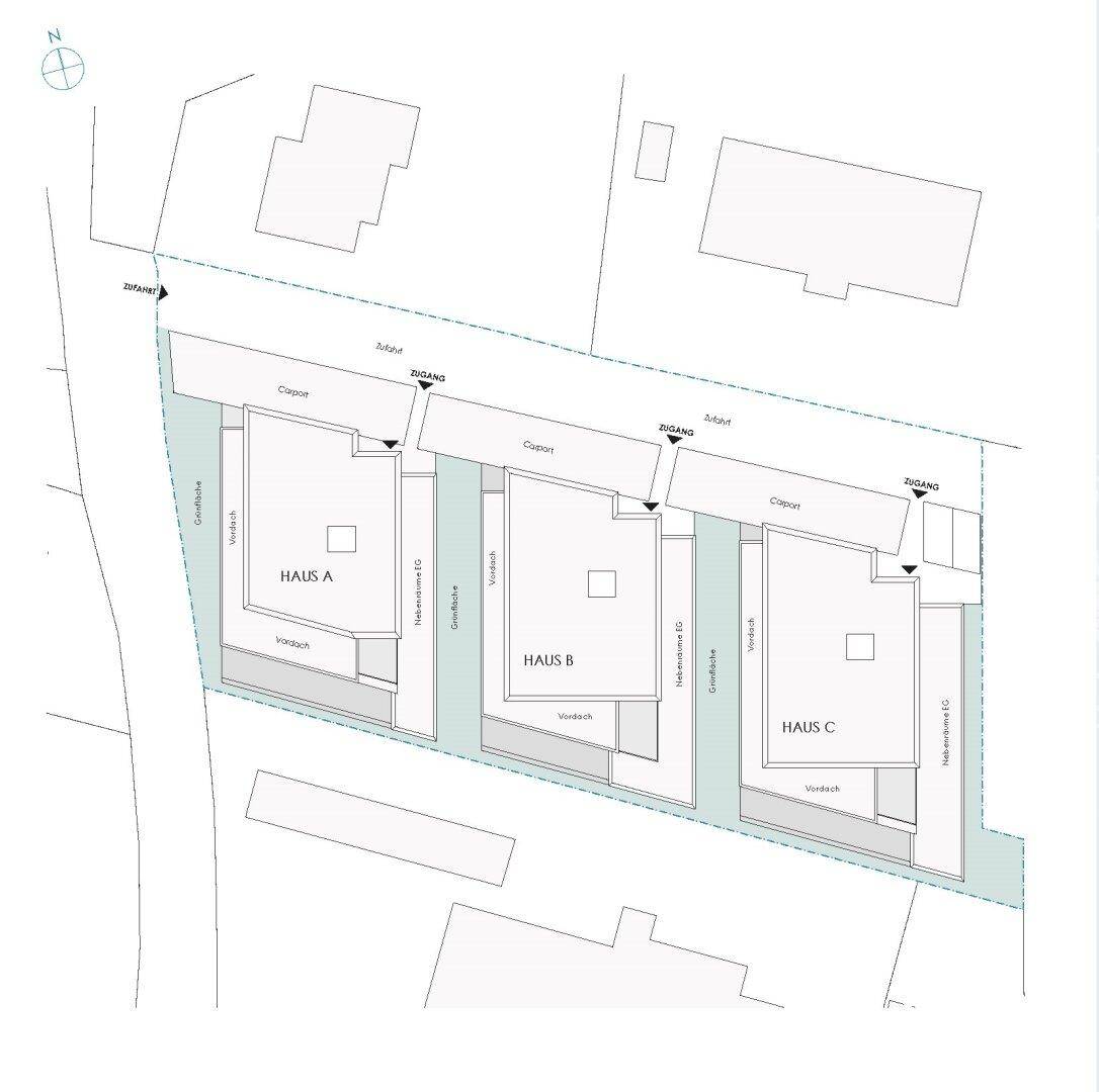 Übersichtsplan des Bauprojekts mit drei Häusern und deren Zugängen auf dem Grundstück.