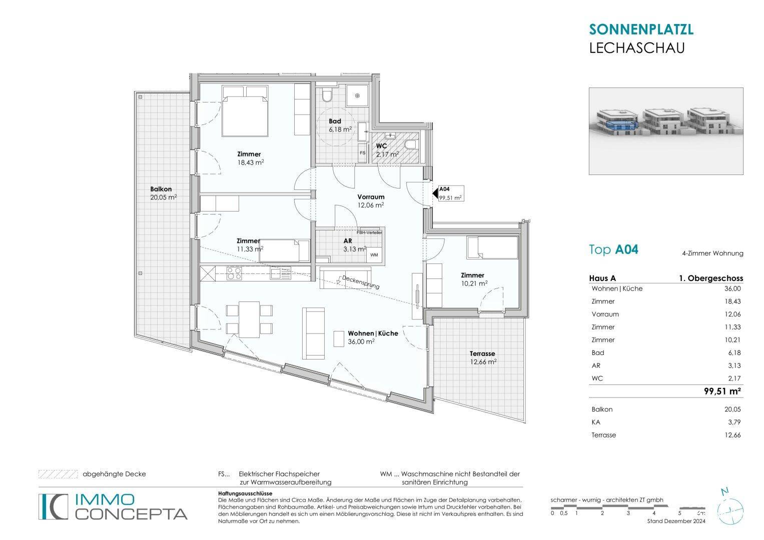 Grundriss der 4-Zimmer-Wohnung Top A04 mit Balkon und Terrasse.