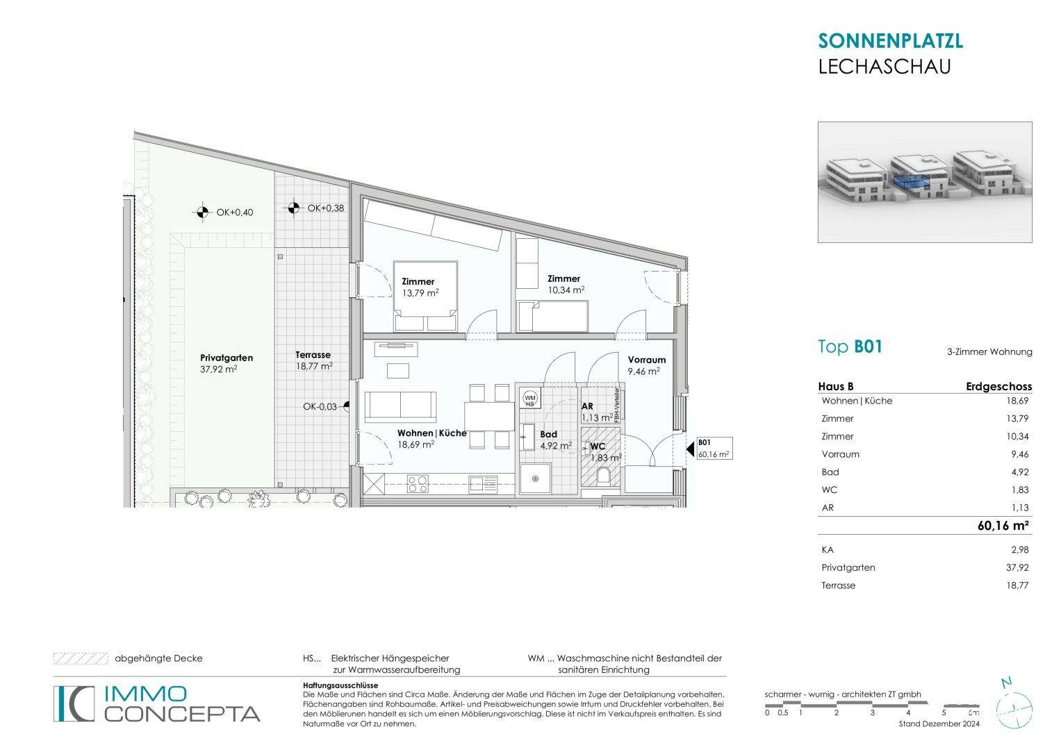 Detaillierter Grundriss der 3-Zimmer-Wohnung Top B01 mit Terrasse und Privatgarten.