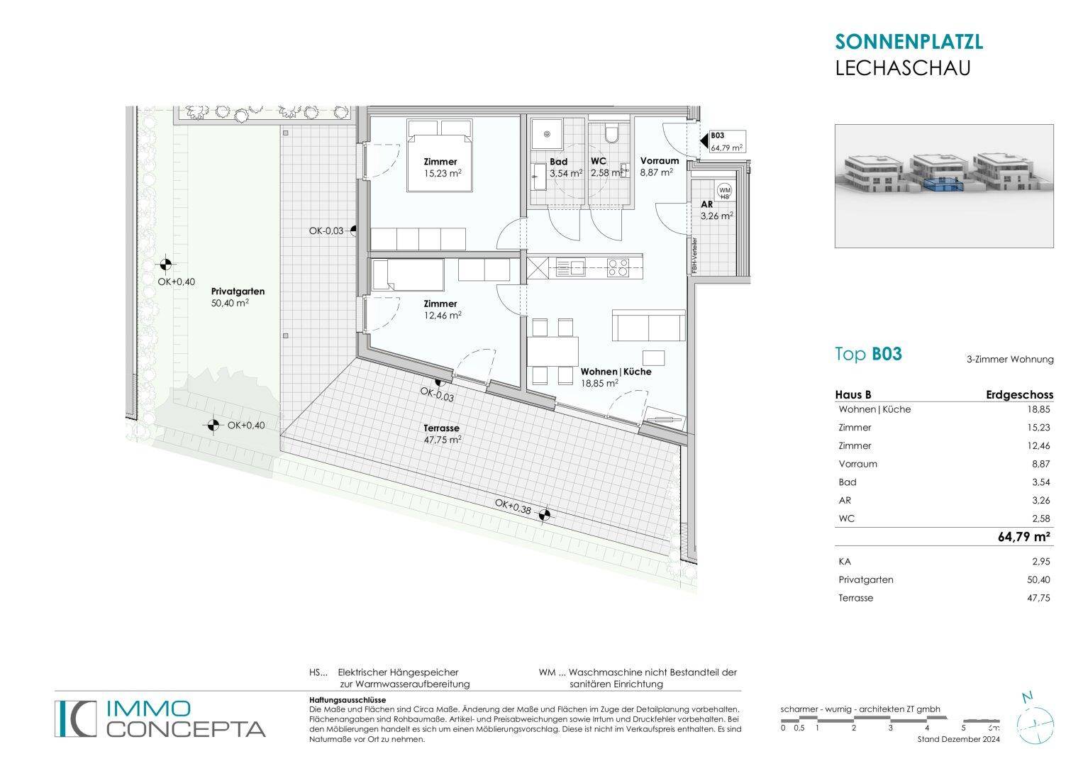 Grundriss der 3-Zimmer-Wohnung Top B03 mit Terrasse und Privatgarten.