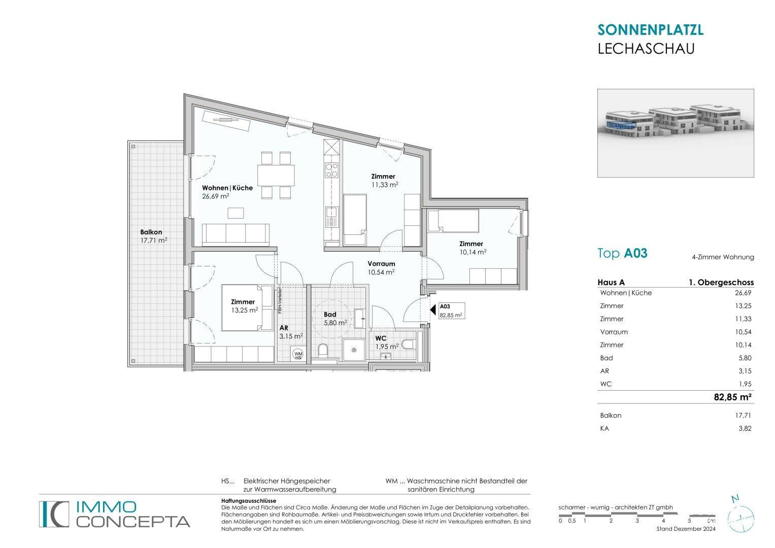 Grundriss der 4-Zimmer-Wohnung Top A03 mit Balkon und einer Wohnfläche von 82,85 m².