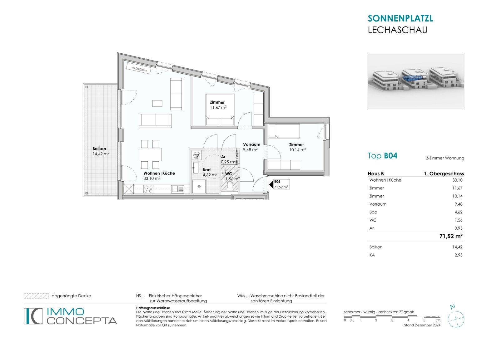 Detaillierter Grundriss der 3-Zimmer-Wohnung Top B04 im Obergeschoss mit Balkon und Flächenangaben.
