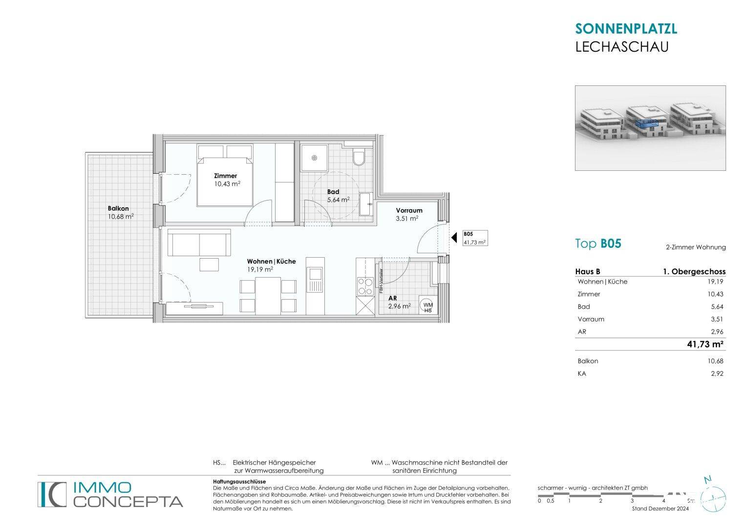 Grundriss der 2-Zimmer-Wohnung Top B05 mit Balkon und offener Wohnküche.