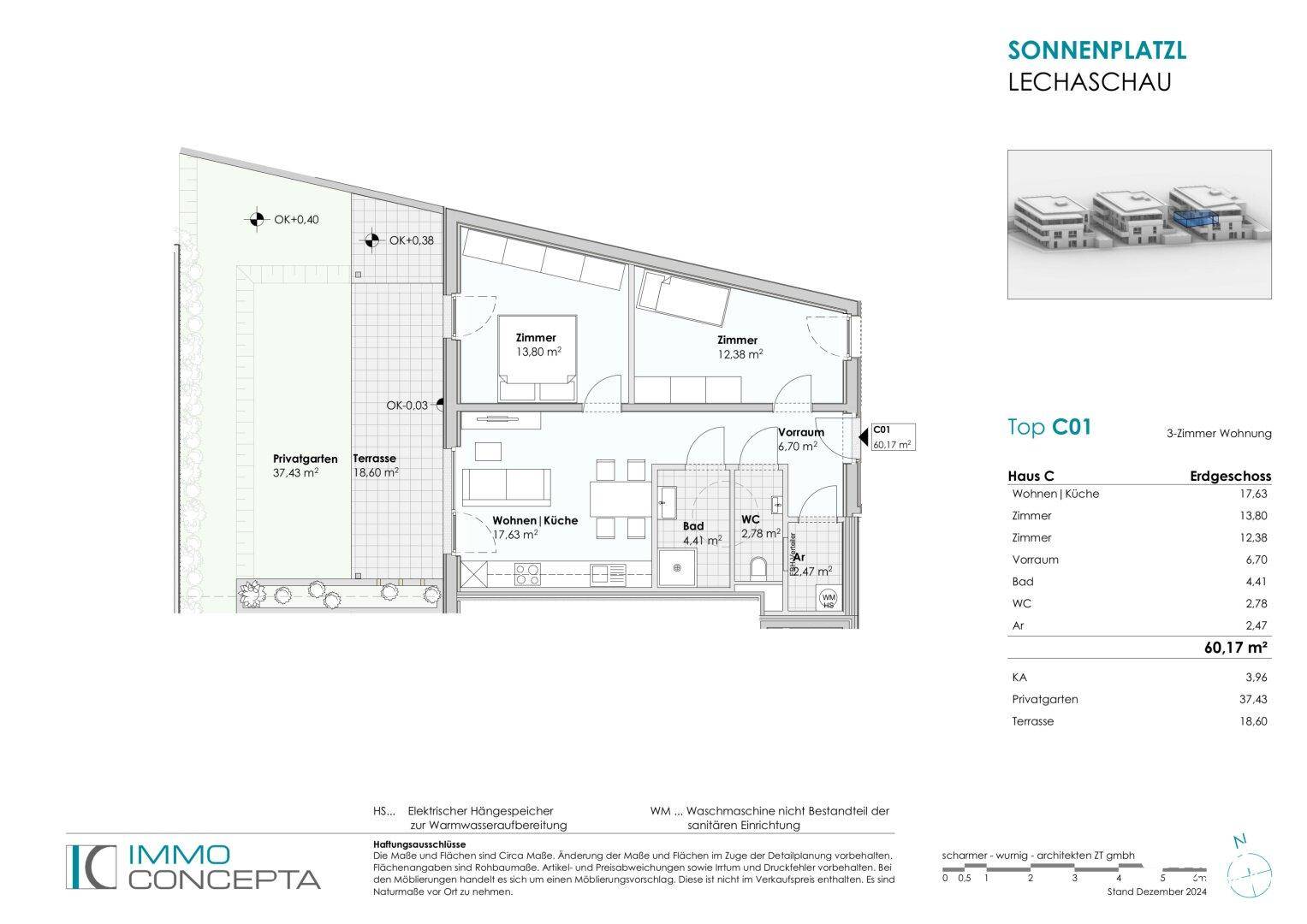 Grundriss der 3-Zimmer-Wohnung Top C01 mit privatem Garten und Terrasse im Erdgeschoss.