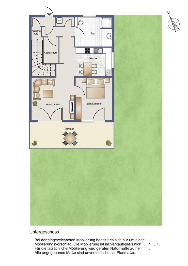Grundriss des Untergeschosses mit Wohnzimmer, Schlafzimmer, Küche, Bad und Terrasse.