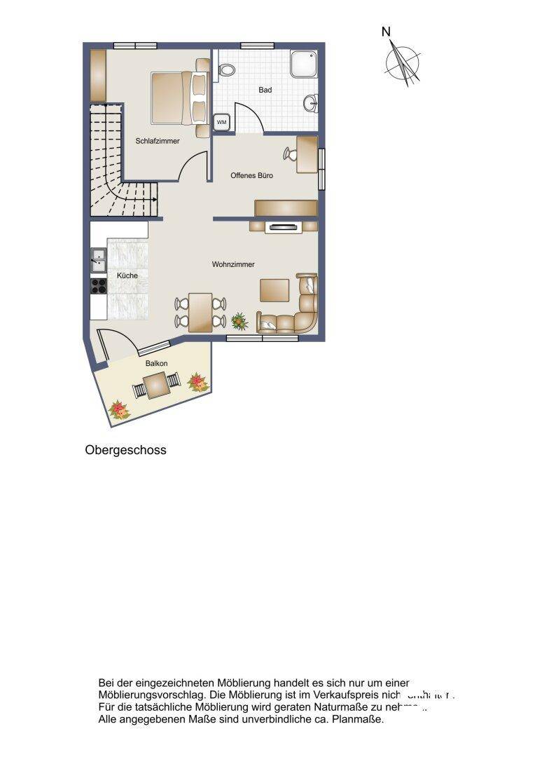 Grundriss des Obergeschosses mit Schlafzimmer, Büro, Wohnzimmer, Küche und Balkon.