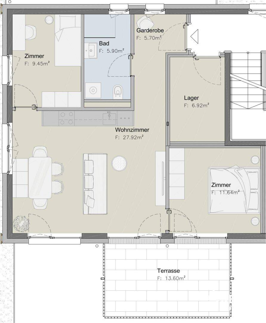 Detaillierter Grundriss mit Wohnzimmer, zwei Schlafzimmern, Bad, Garderobe und einer Terrasse.