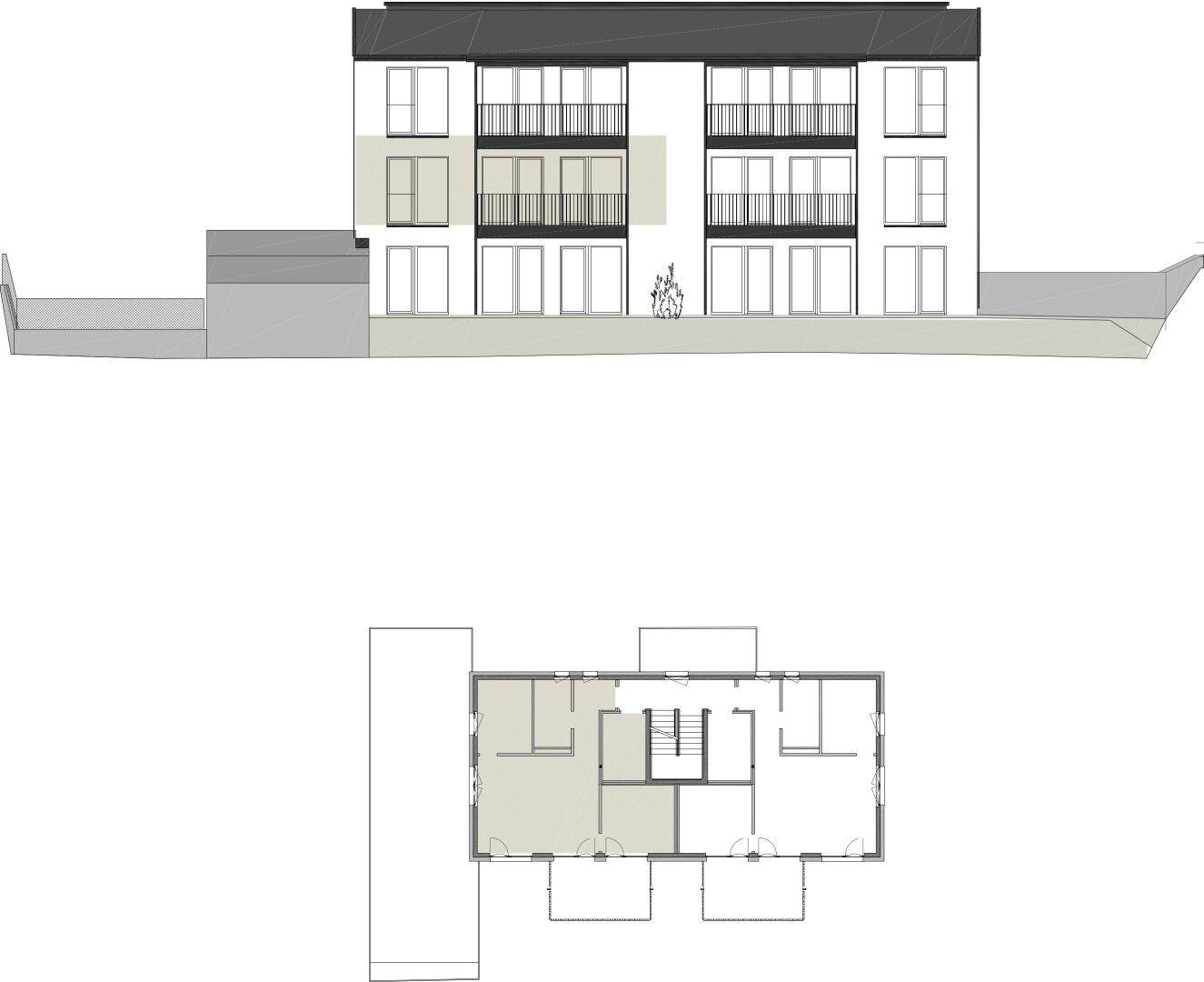 Architektonische Darstellung der Gebäudefassade mit Balkonen und zugehörigem Grundriss.