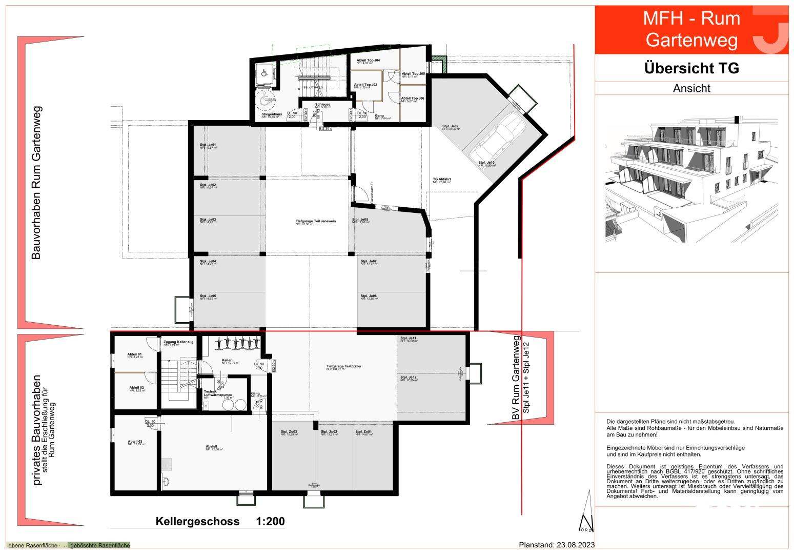 Grundriss des Kellergeschosses eines Mehrfamilienhauses mit Tiefgarage und Abstellräumen.