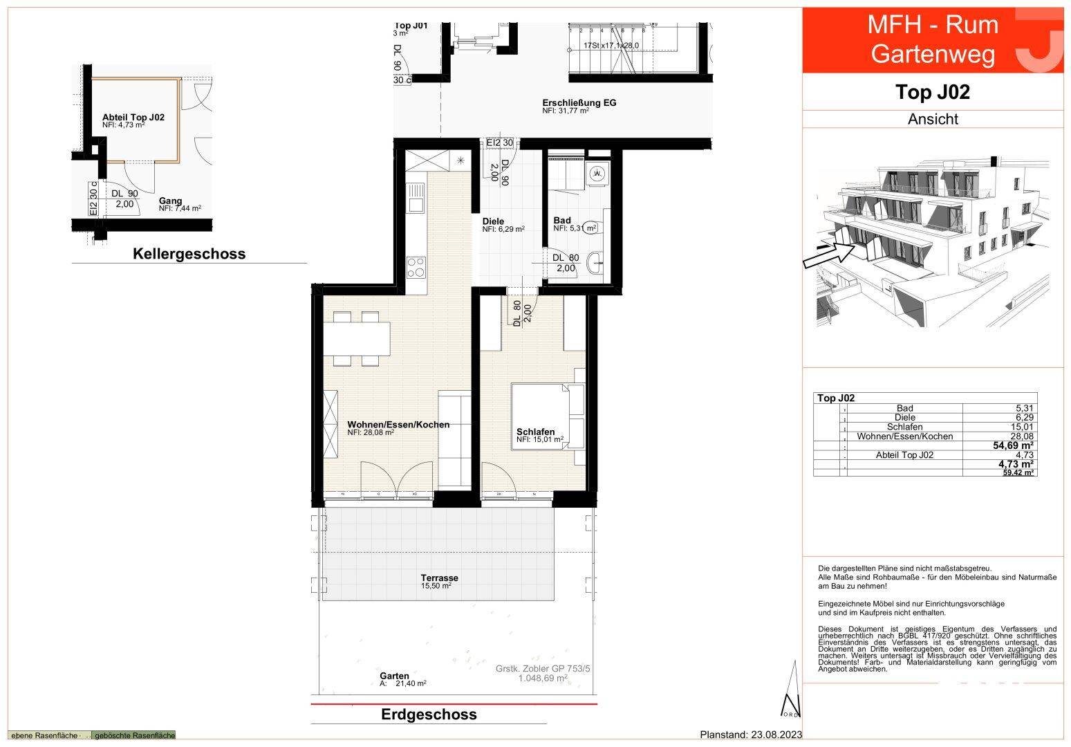 Grundriss für Top J02 im Erdgeschoss und Kellergeschoss mit Wohn-Ess-Küche, Schlafzimmer und Terrasse.