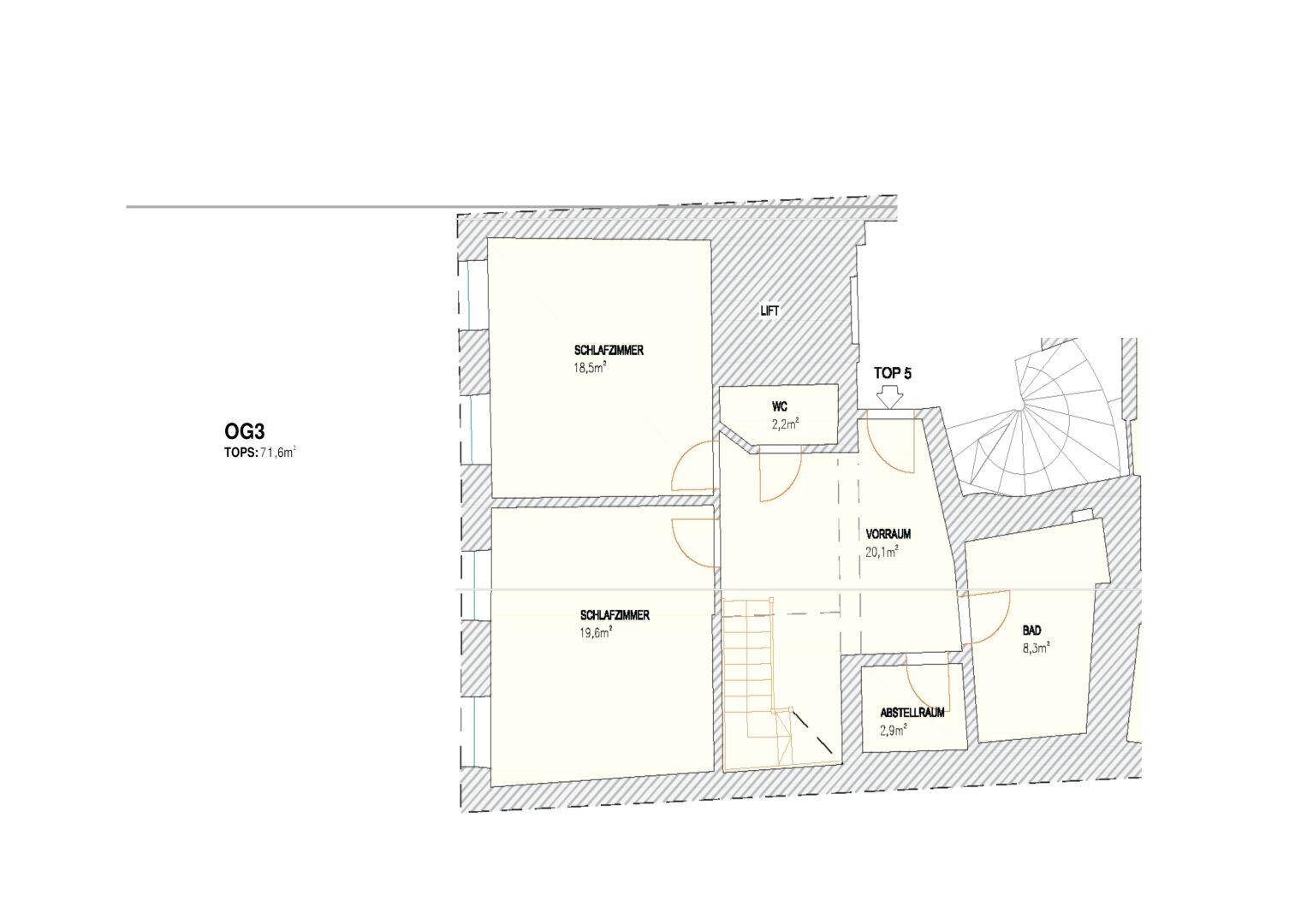 Grundriss des dritten Obergeschosses mit zwei Schlafzimmern, Bad und WC.