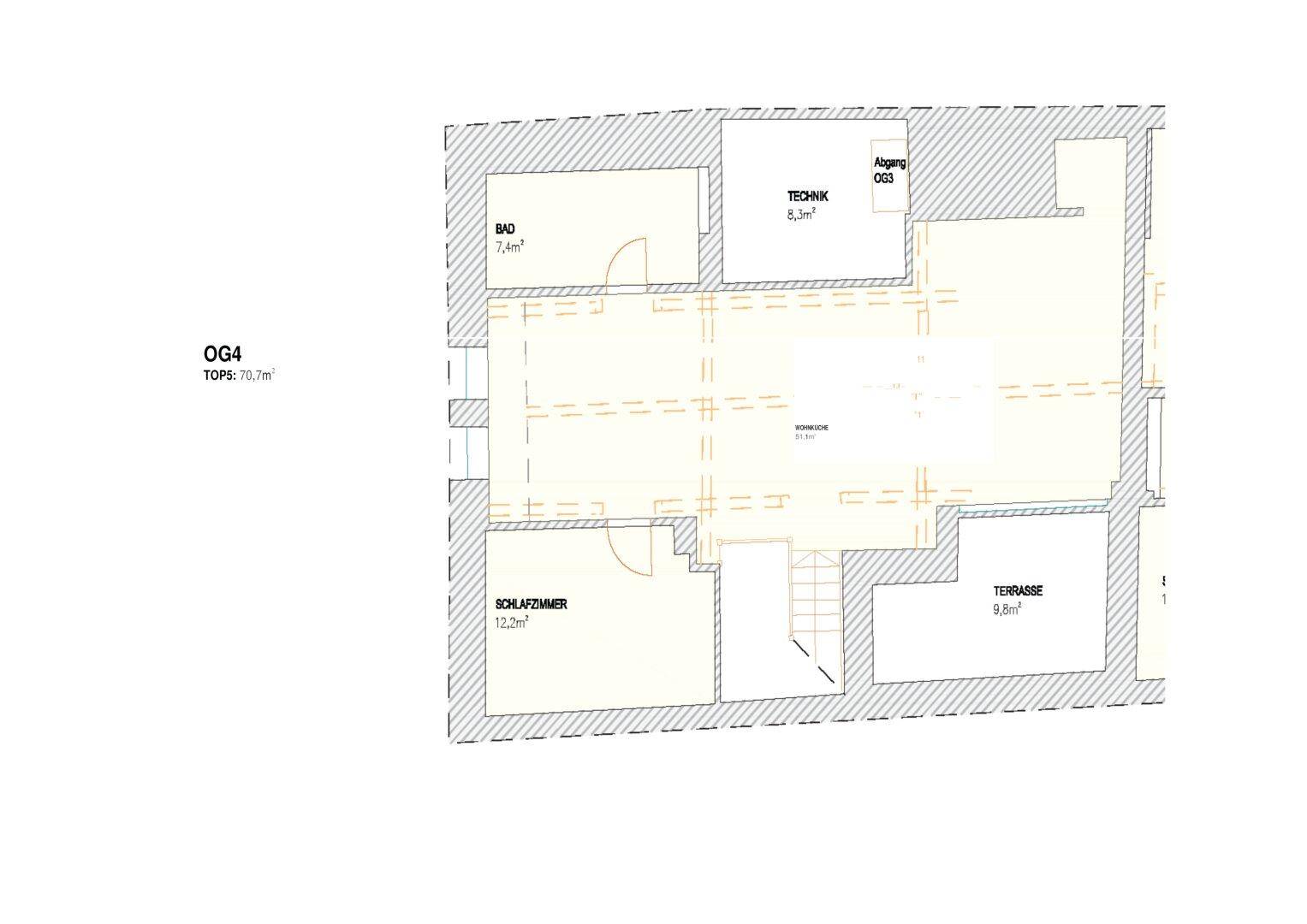 Grundriss des vierten Obergeschosses mit Schlafzimmer, Bad und Terrasse.
