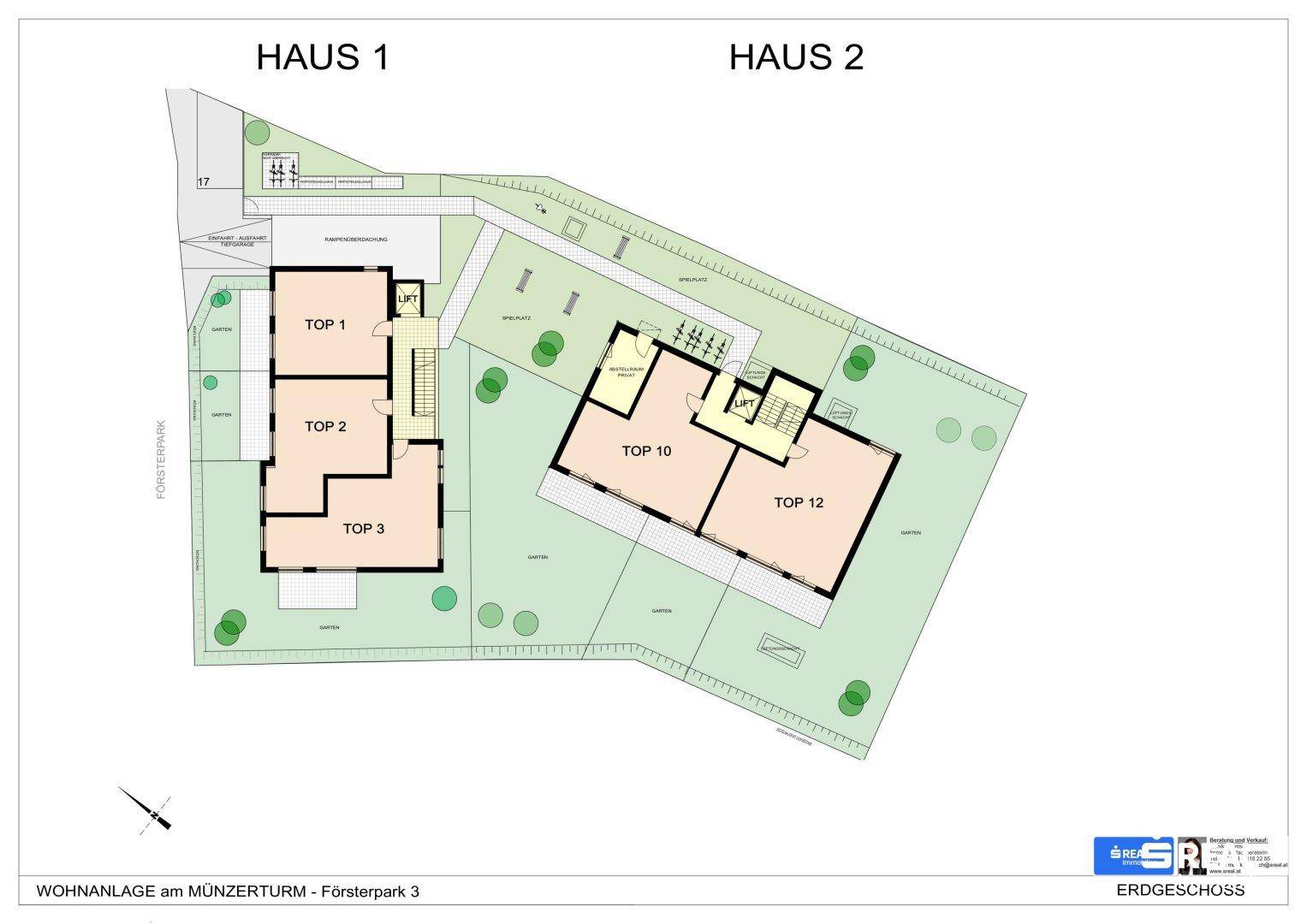 Grundriss des Erdgeschosses mit zwei Häusern, mehreren Wohneinheiten und Gärten.