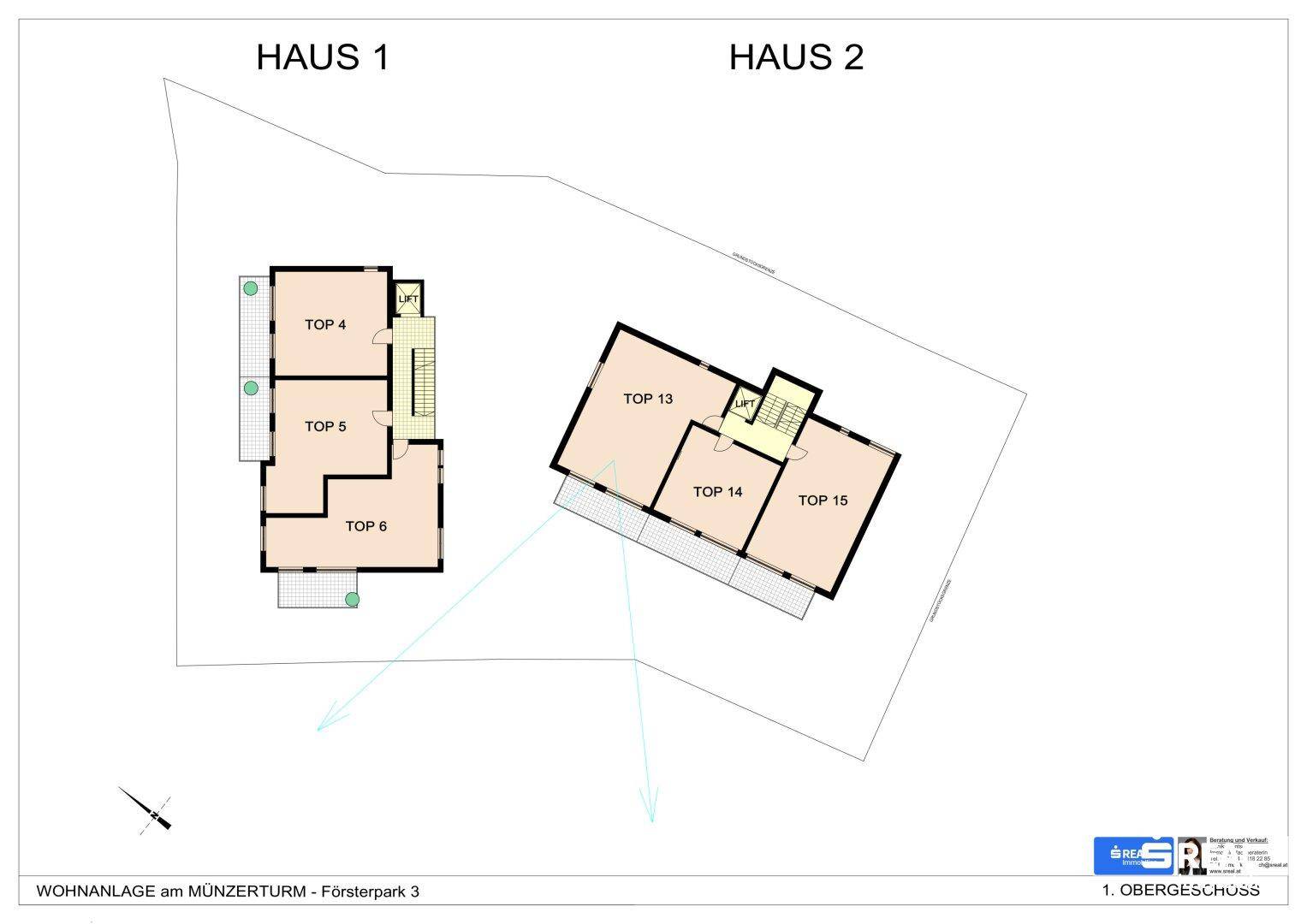 Grundriss des Obergeschosses mit zwei Häusern und weiteren Wohneinheiten.