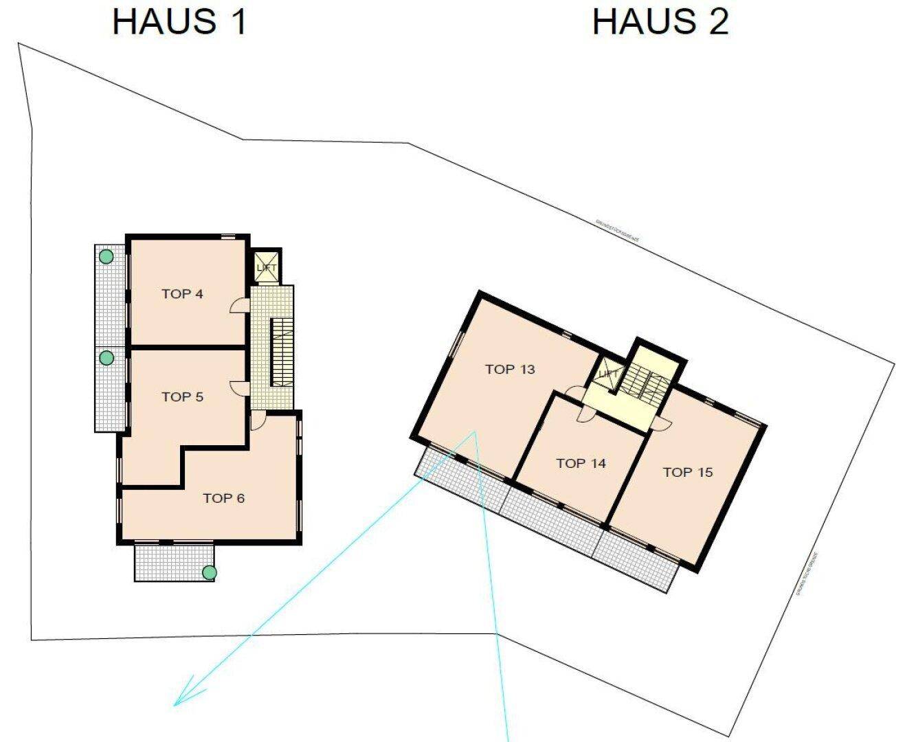 Grundrissplan der Häuser 1 und 2 mit weiteren Wohneinheiten und Außenbereichen.