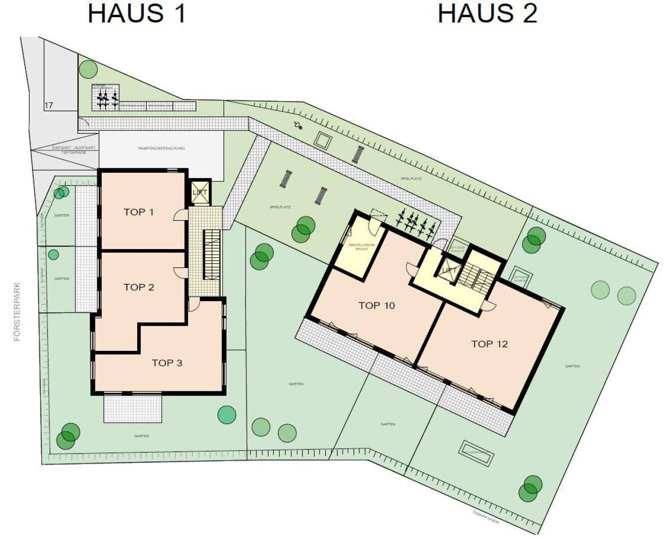 Übersichtsplan der beiden Häuser mit mehreren Wohneinheiten, Gärten und einem Spielplatz.