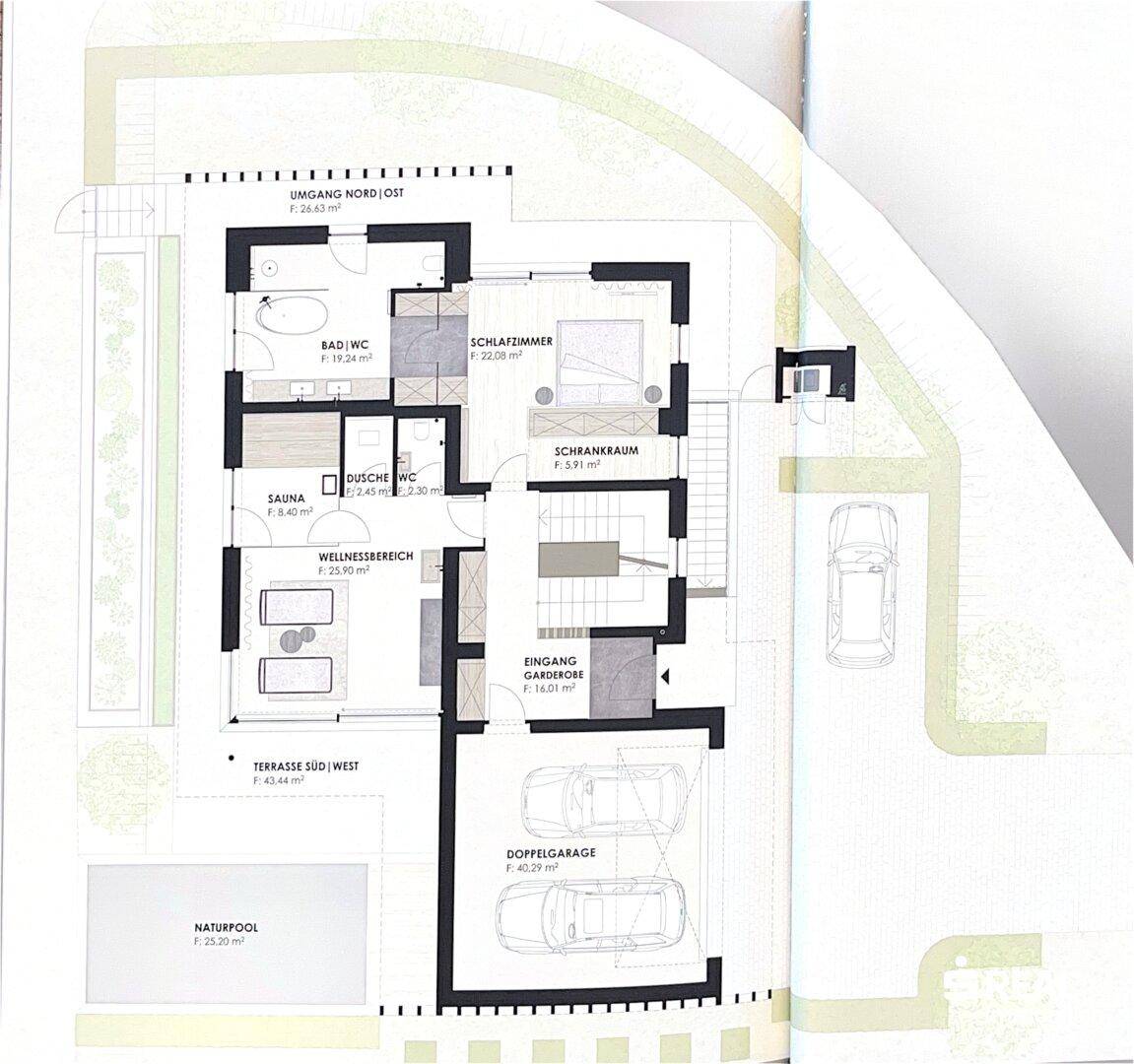 Grundriss des Erdgeschosses mit Sauna, Wellnessbereich, Schlafzimmer und Doppelgarage.