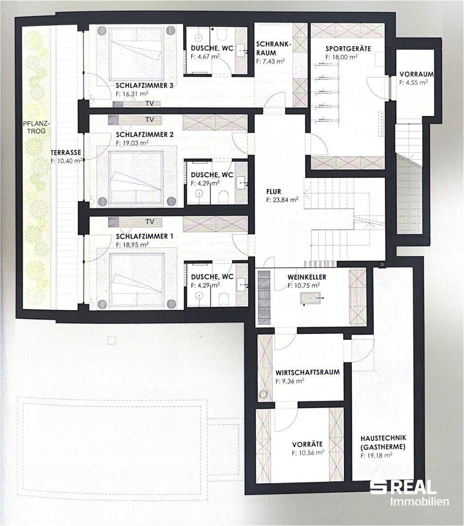 Grundriss des Untergeschosses mit Schlafzimmern, Bädern, Weinkeller und Sportraum.