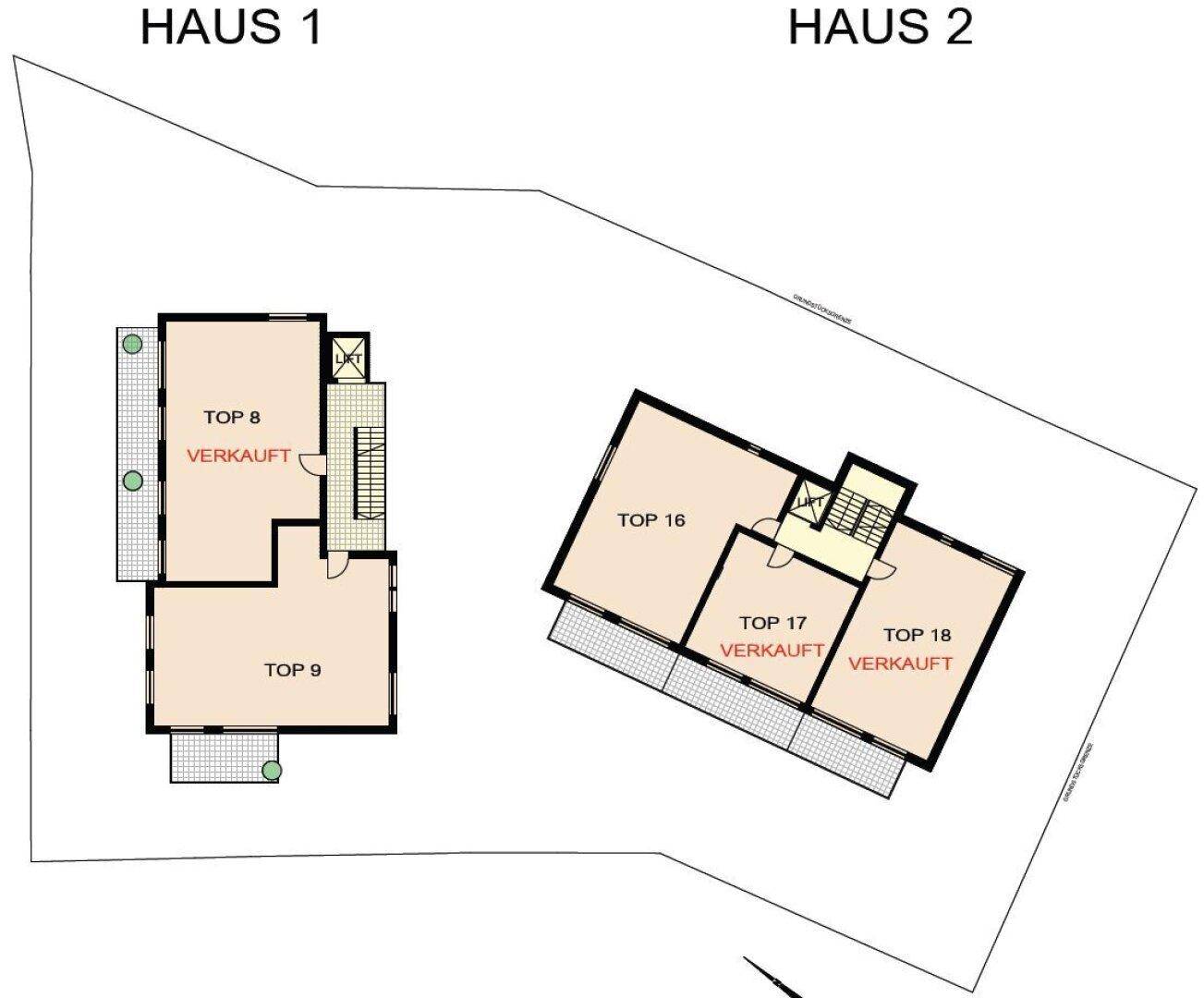 Grundrissübersicht der obersten Etagen von Haus 1 und Haus 2 mit markierten verkauften Einheiten.