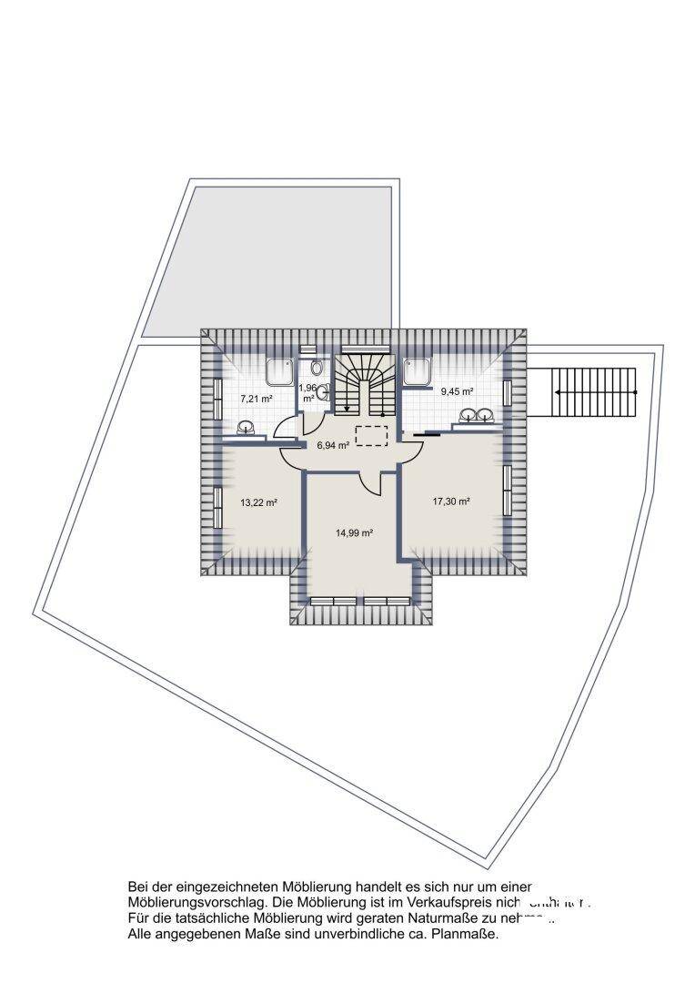 Grundriss des Obergeschosses mit Schlafzimmern und Bädern, effiziente Raumaufteilung.