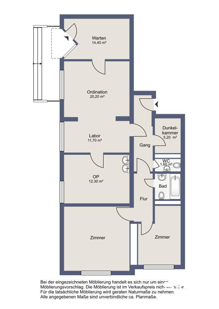 Grundriss einer Wohnung mit Wartebereich, Ordination, Labor, OP, Bad und zwei Zimmern.