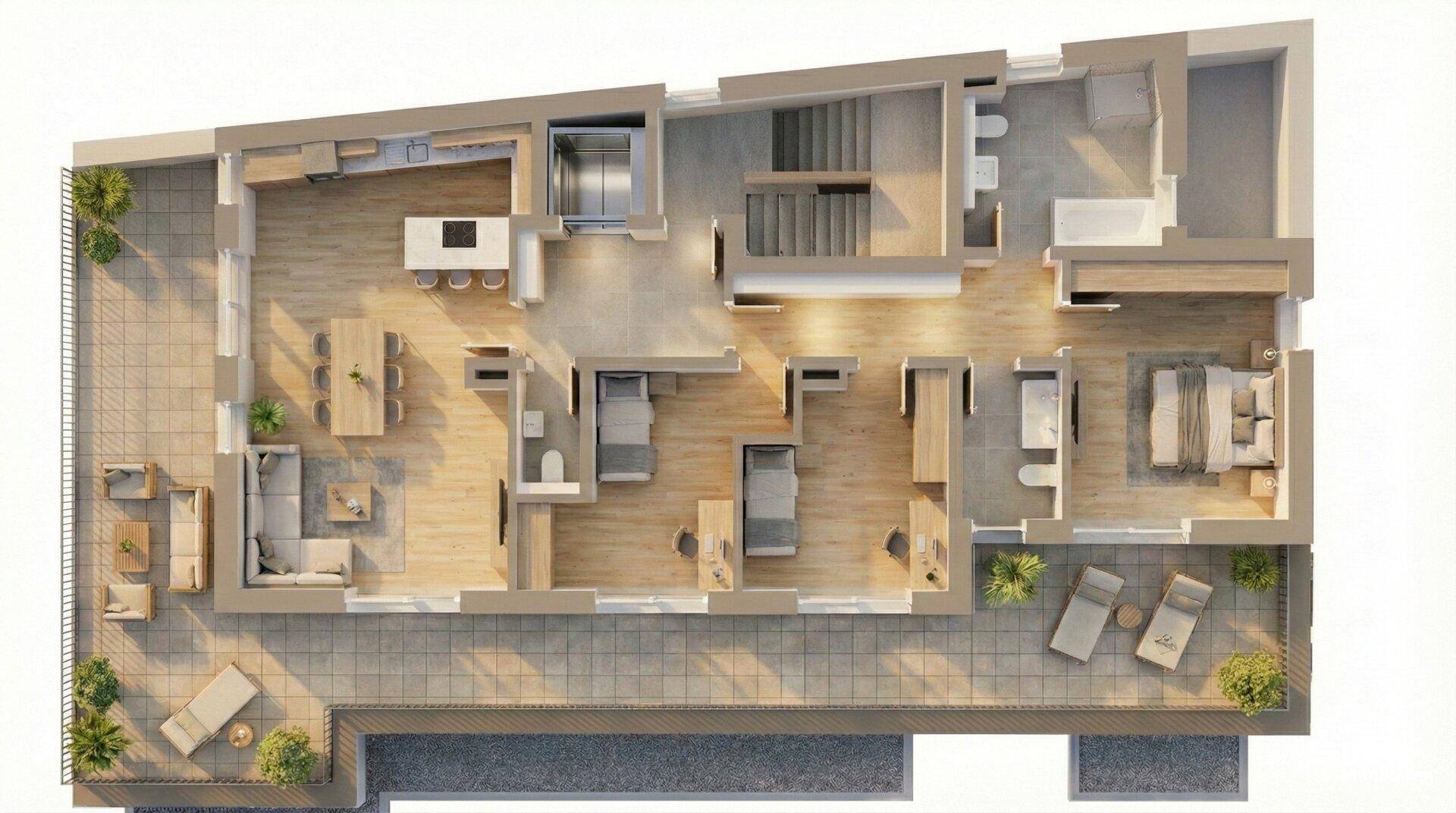 Detaillierter Grundriss einer Wohnung mit offenem Wohnbereich, mehreren Zimmern und großer Terrasse.