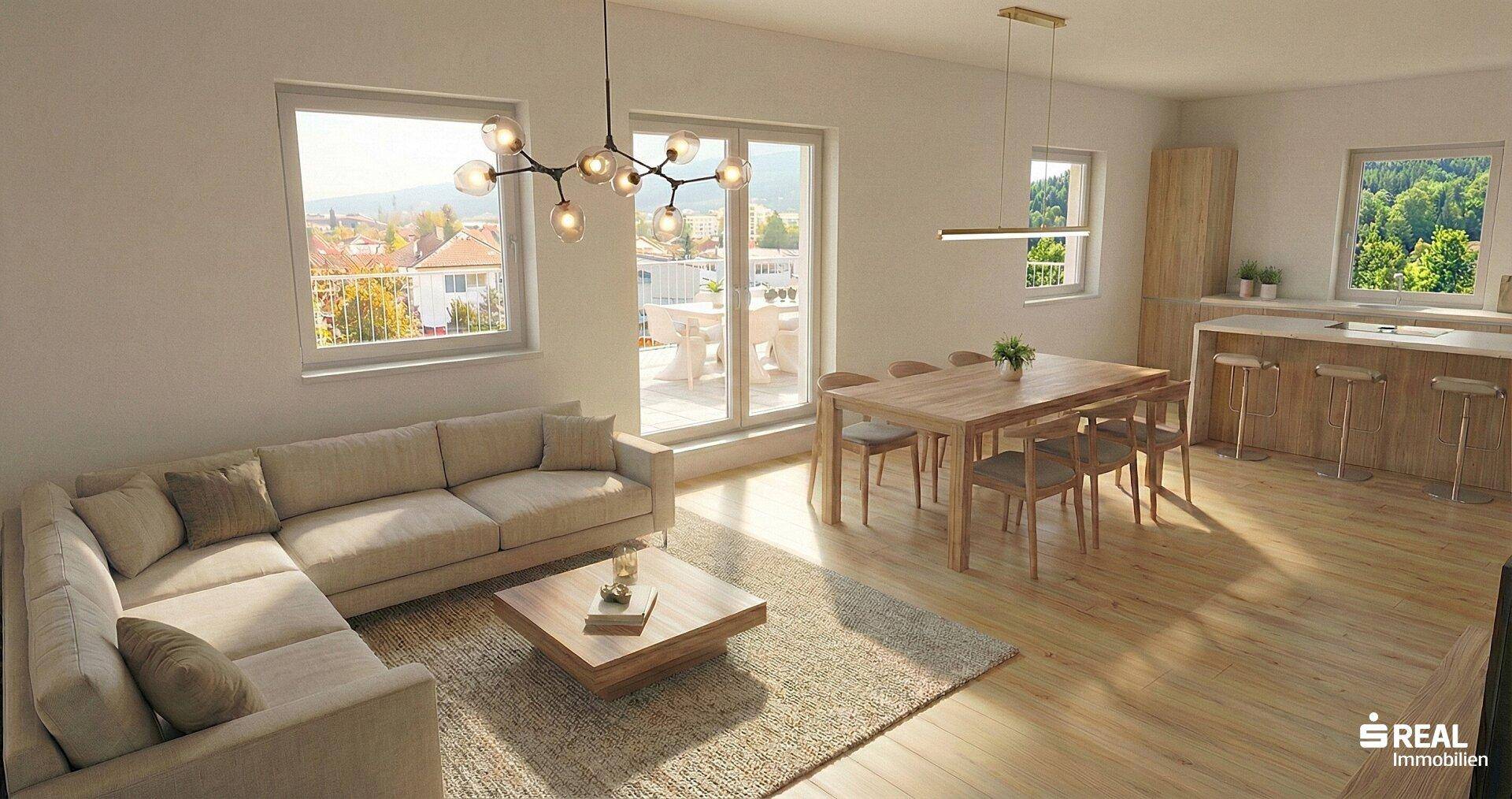 Heller offener Wohn-Essbereich mit Holzboden, moderner Einrichtung und Zugang zur Terrasse.