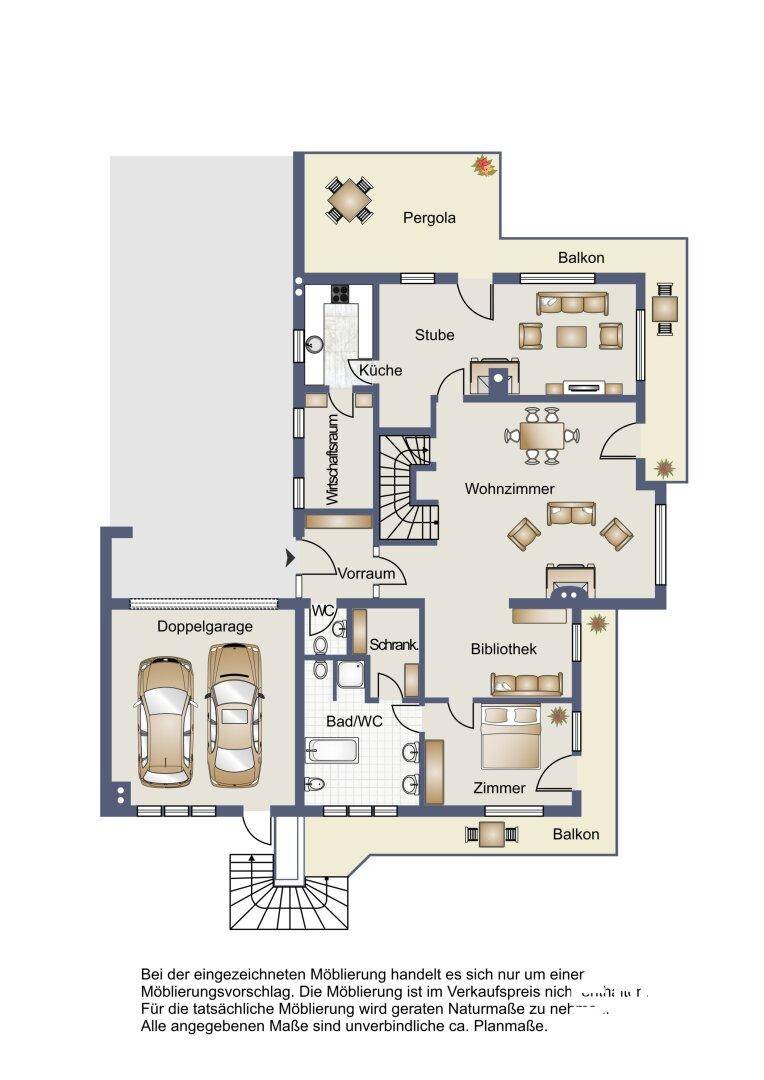 Grundriss des Erdgeschosses mit Wohnzimmer, Küche, Bibliothek und Doppelgarage.