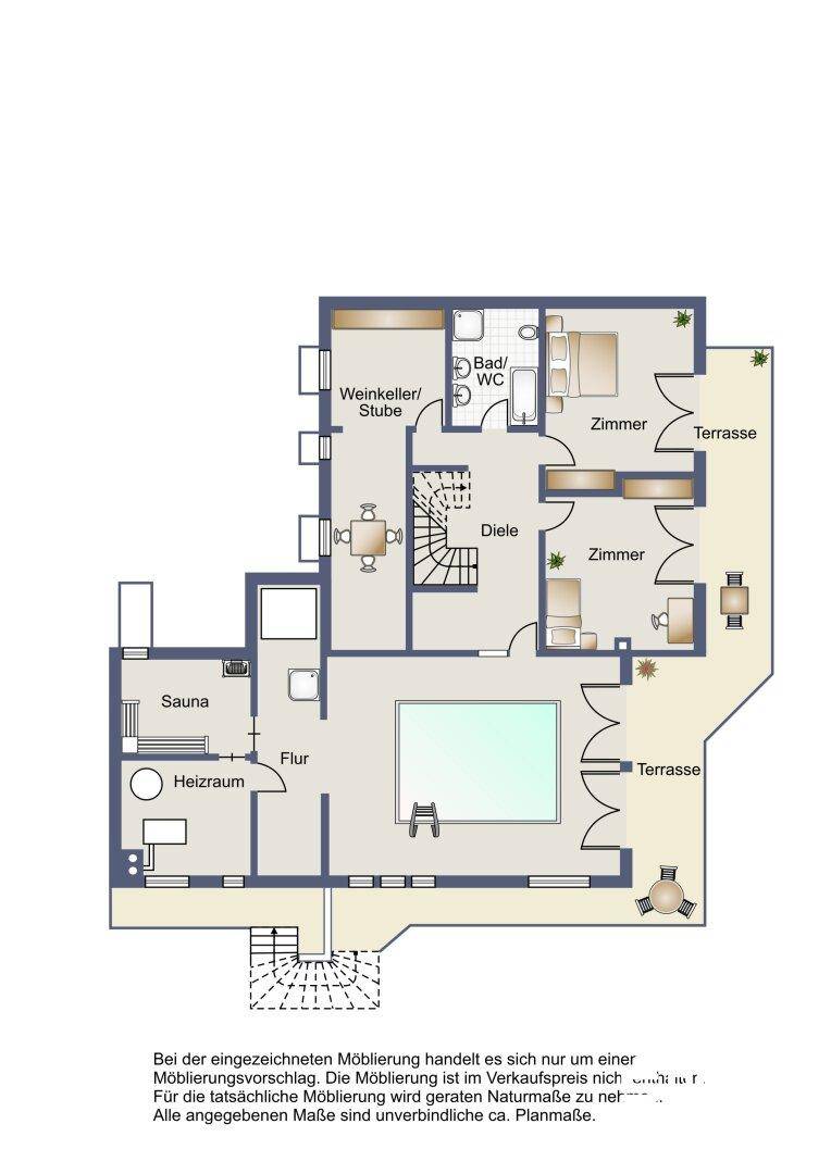 Grundriss des Untergeschosses mit Weinkeller, Sauna, Heizraum und Terrasse.