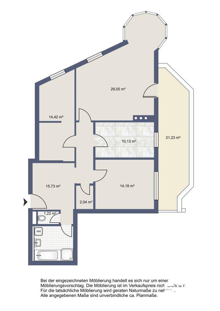Detaillierter Grundriss der Wohnung mit Raumaufteilung und Flächenangaben in Quadratmetern.