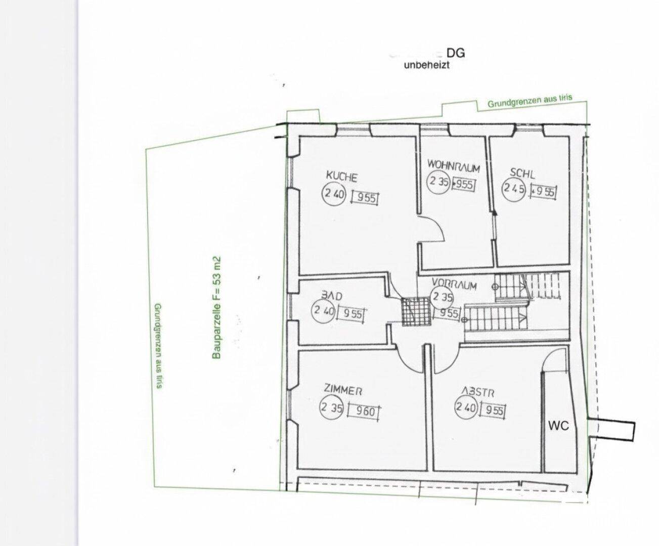 Grundriss des Dachgeschosses mit Küche, Wohnraum, Schlafzimmer und Bad.