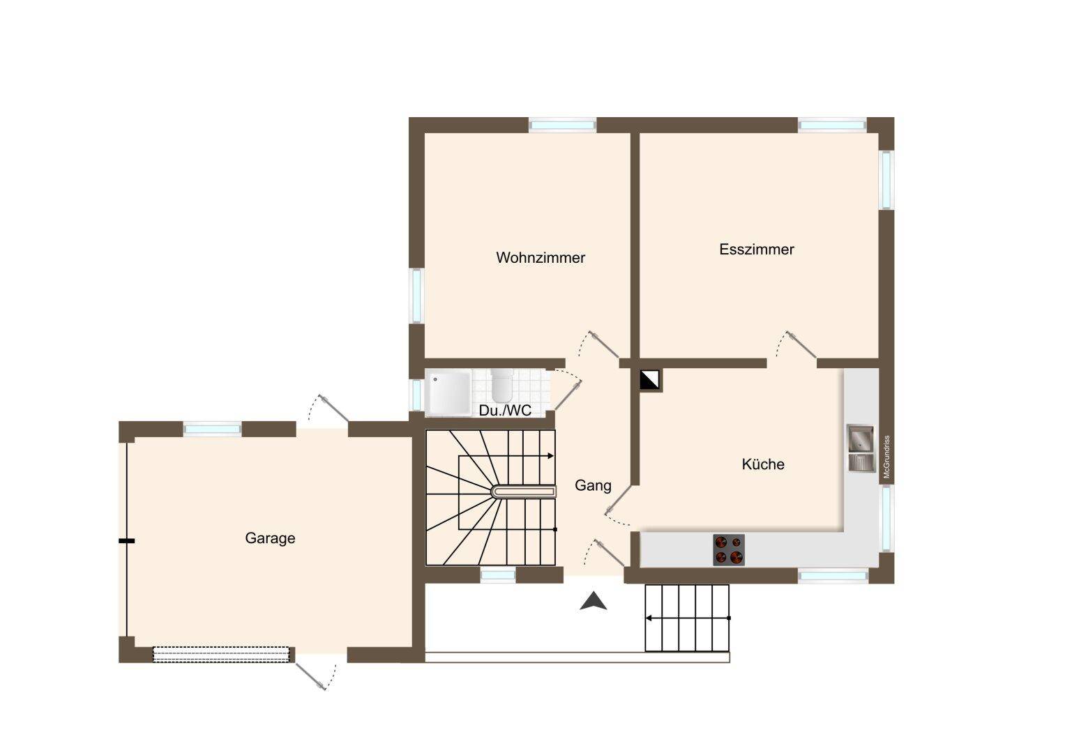 Grundriss des Erdgeschosses mit Wohnzimmer, Esszimmer, Küche, Dusch-WC und Garage.