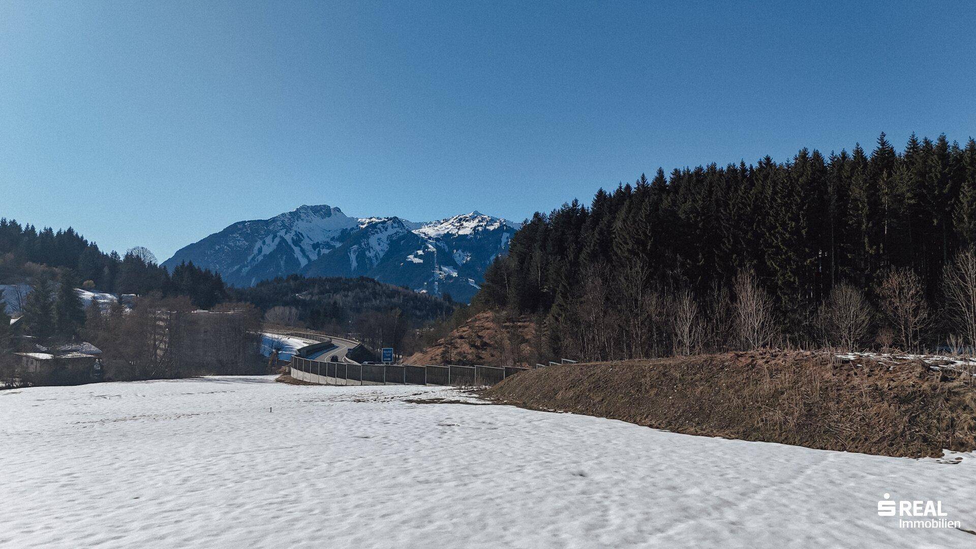 Weites, verschneites Feld grenzt an einen Wald mit schneebedeckten Bergen im Hintergrund.