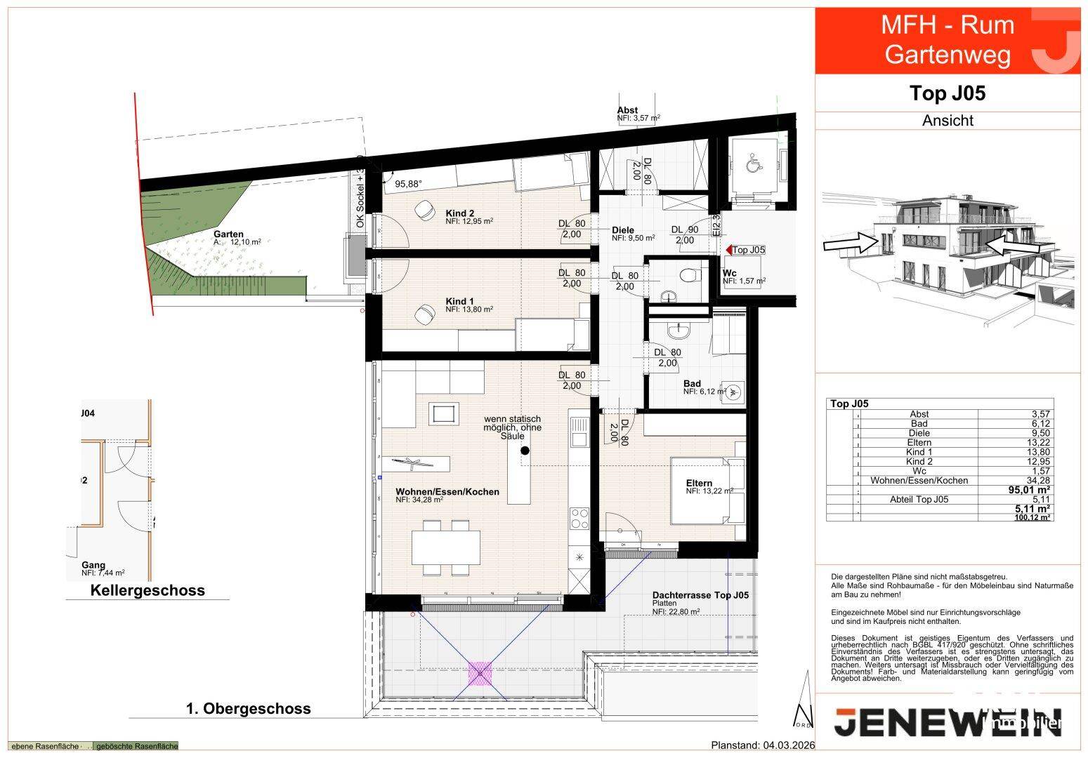 Grundriss der Wohnung Top J05 mit offenem Wohnbereich, Dachterrasse und Garten. Es sind drei Schlafzimmer, ein Bad und ein separates WC vorhanden.