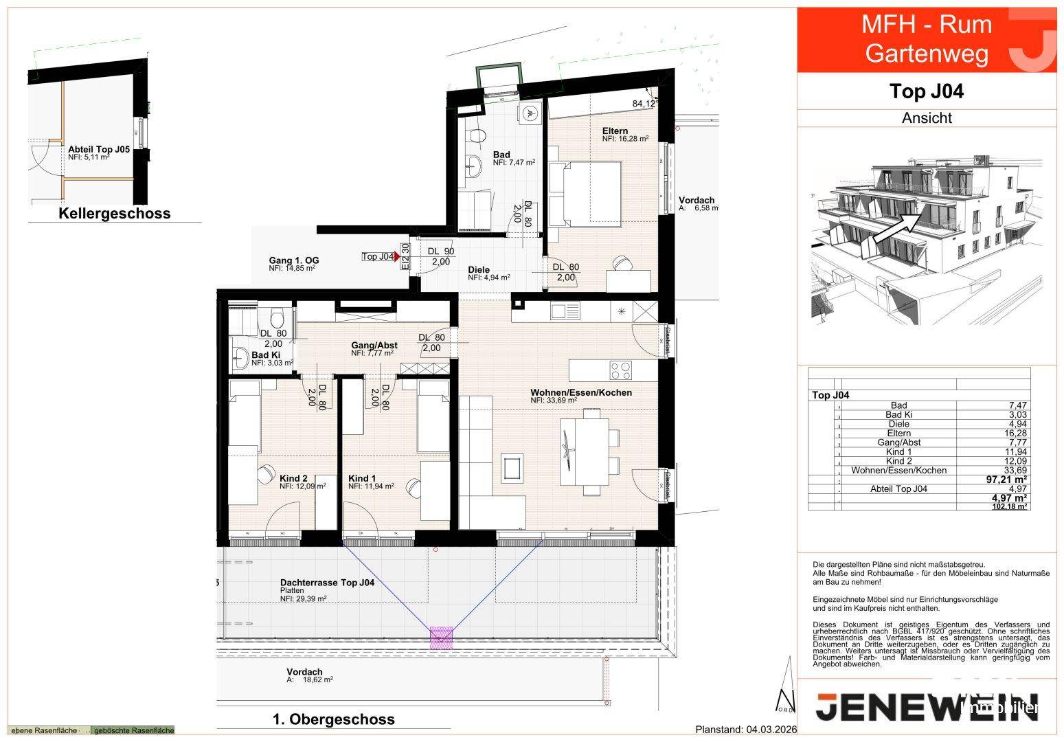 Grundriss der Wohnung Top J04 im Obergeschoss mit offenem Wohnbereich und großer Dachterrasse.