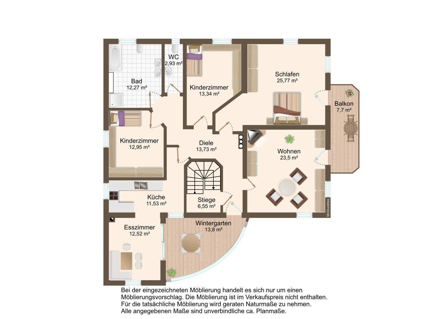 Grundriss des Obergeschosses mit Wohnzimmer, Esszimmer, Schlafzimmern und Wintergarten.
