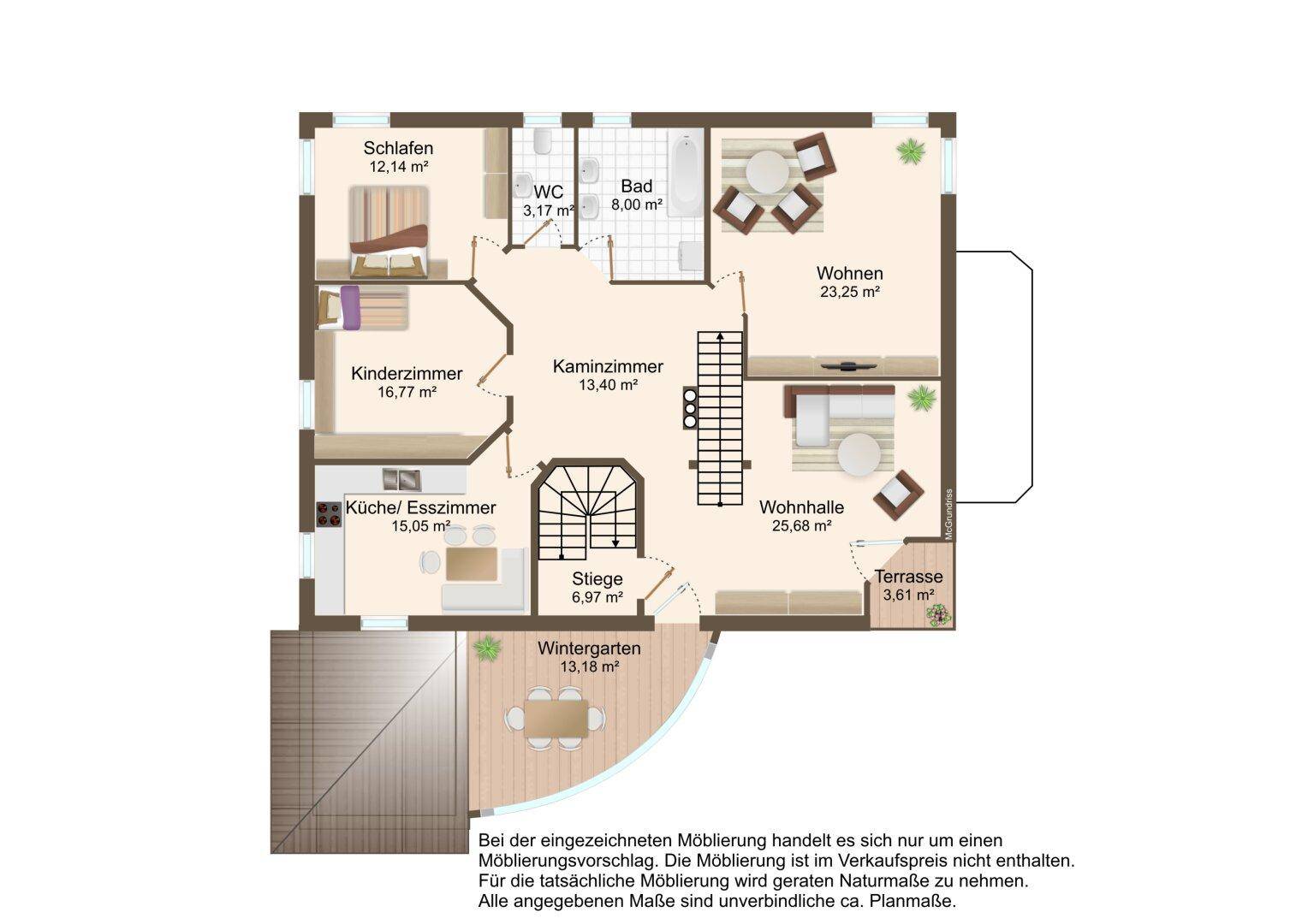 Grundriss einer weiteren Etage mit Wohnzimmer, Wohnhalle, Schlafzimmern und Terrasse.