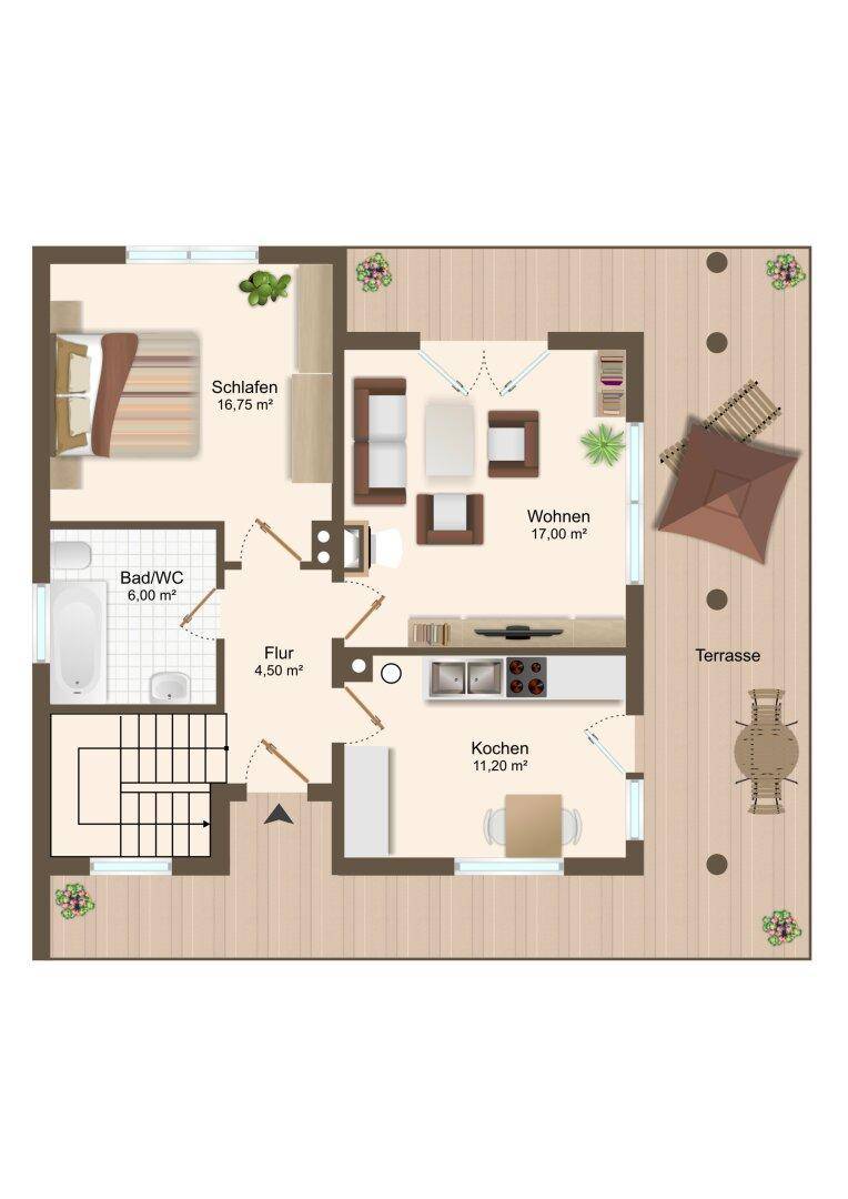 Grundriss einer Wohnung mit Schlafzimmer, Wohnzimmer, Küche und großer Terrasse.