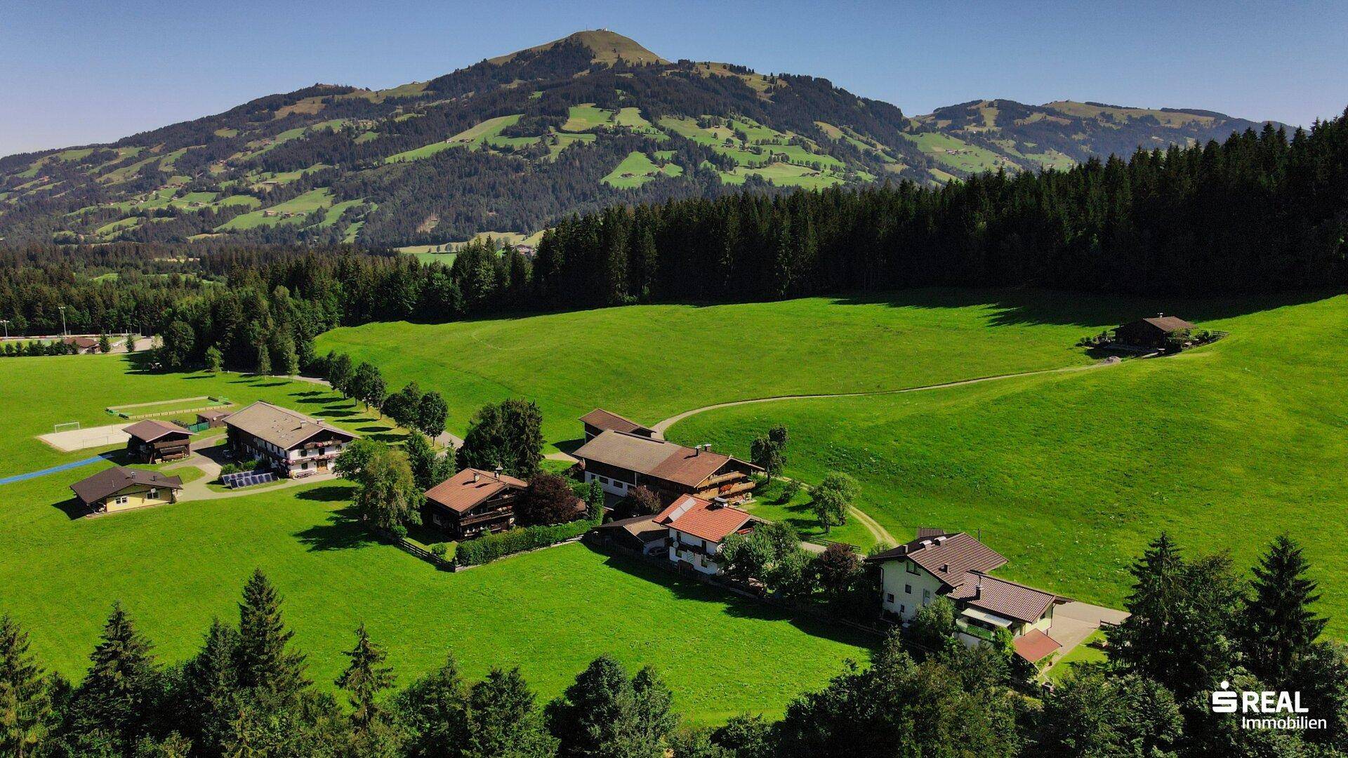 Weitläufige Luftaufnahme einer ländlichen Gegend mit grünen Wiesen, Wäldern und Bergen im Hintergrund.