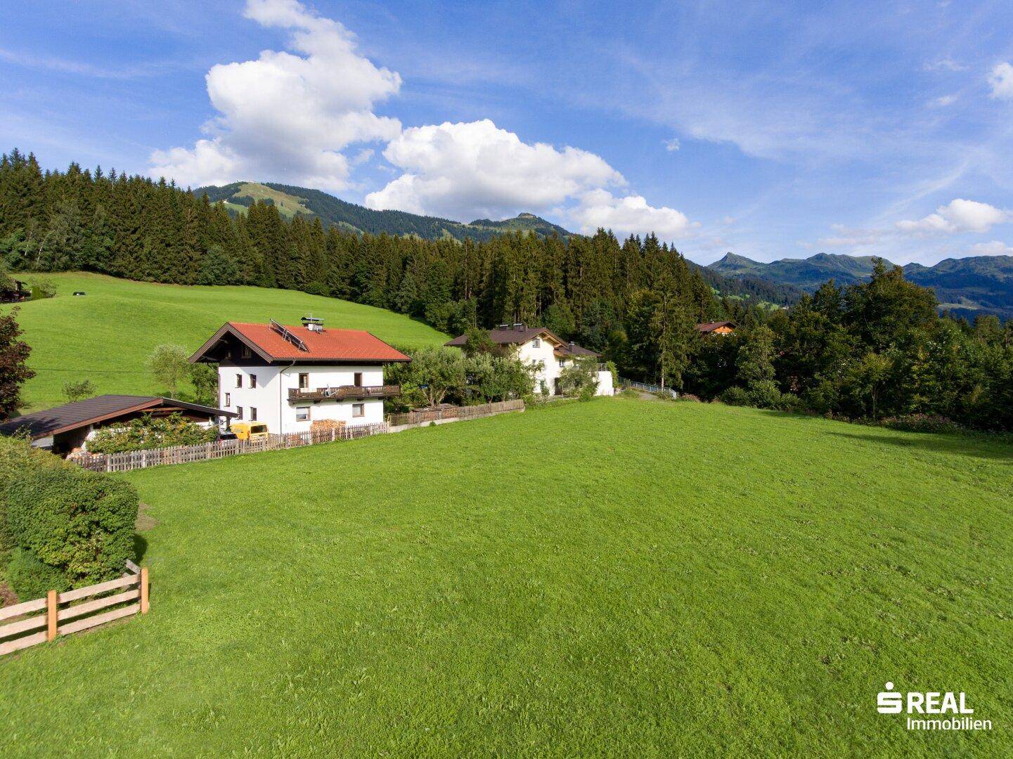 Luftaufnahme eines traditionellen Hauses mit rotem Dach, umgeben von grünen Wiesen und Bergen.
